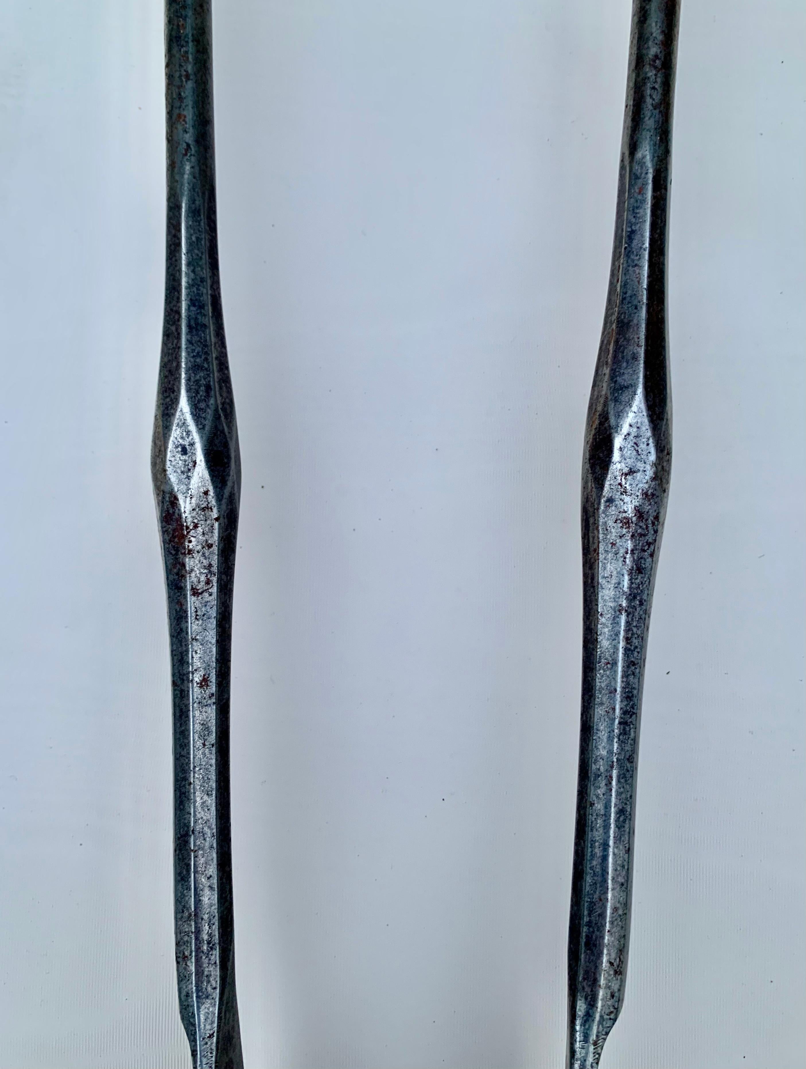 Fine Pair 18th Century Louis XVI Dore Bronze, Polished Steel Fireplace Tools In Good Condition For Sale In New York, NY