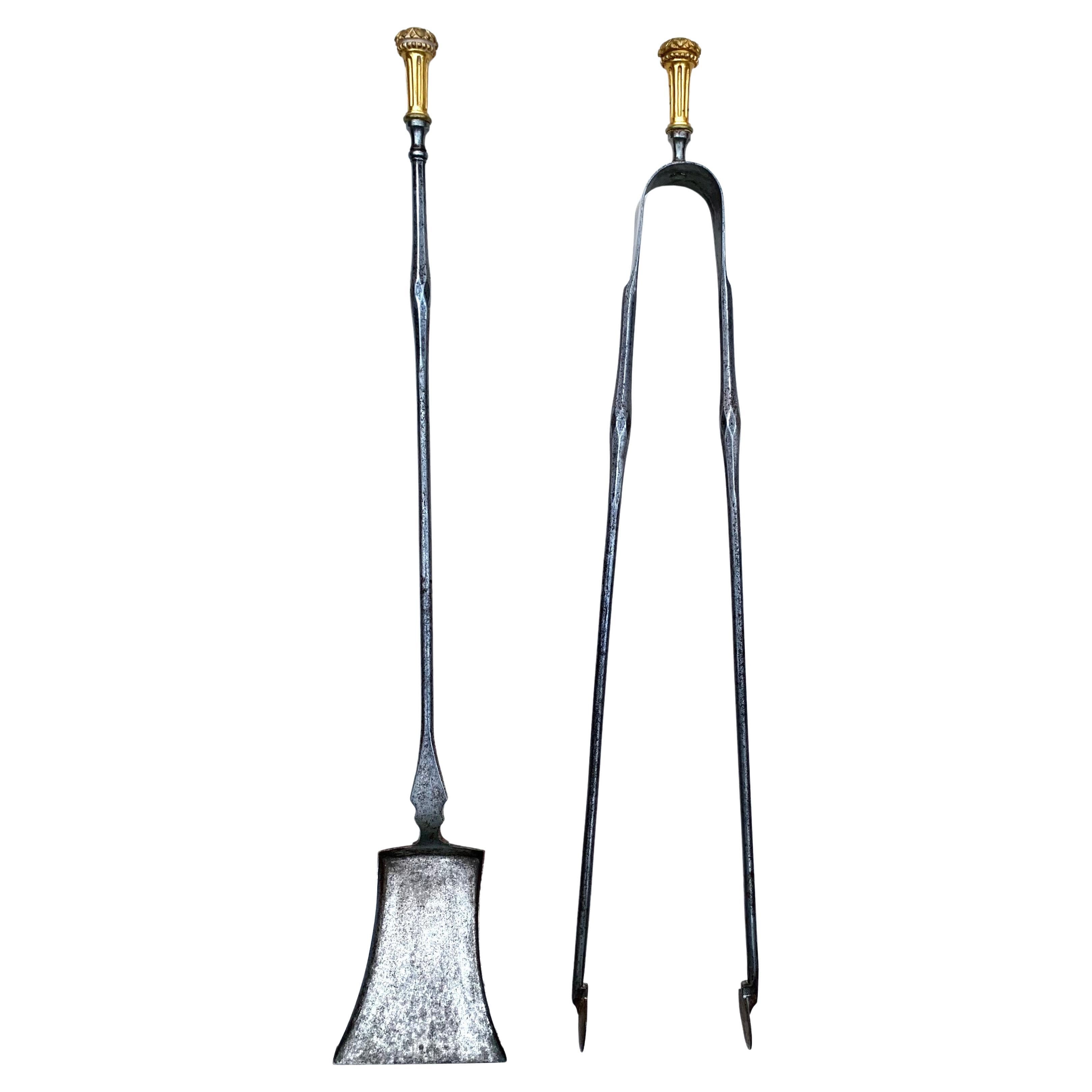 Fine Pair 18th Century Louis XVI Dore Bronze, Polished Steel Fireplace Tools For Sale