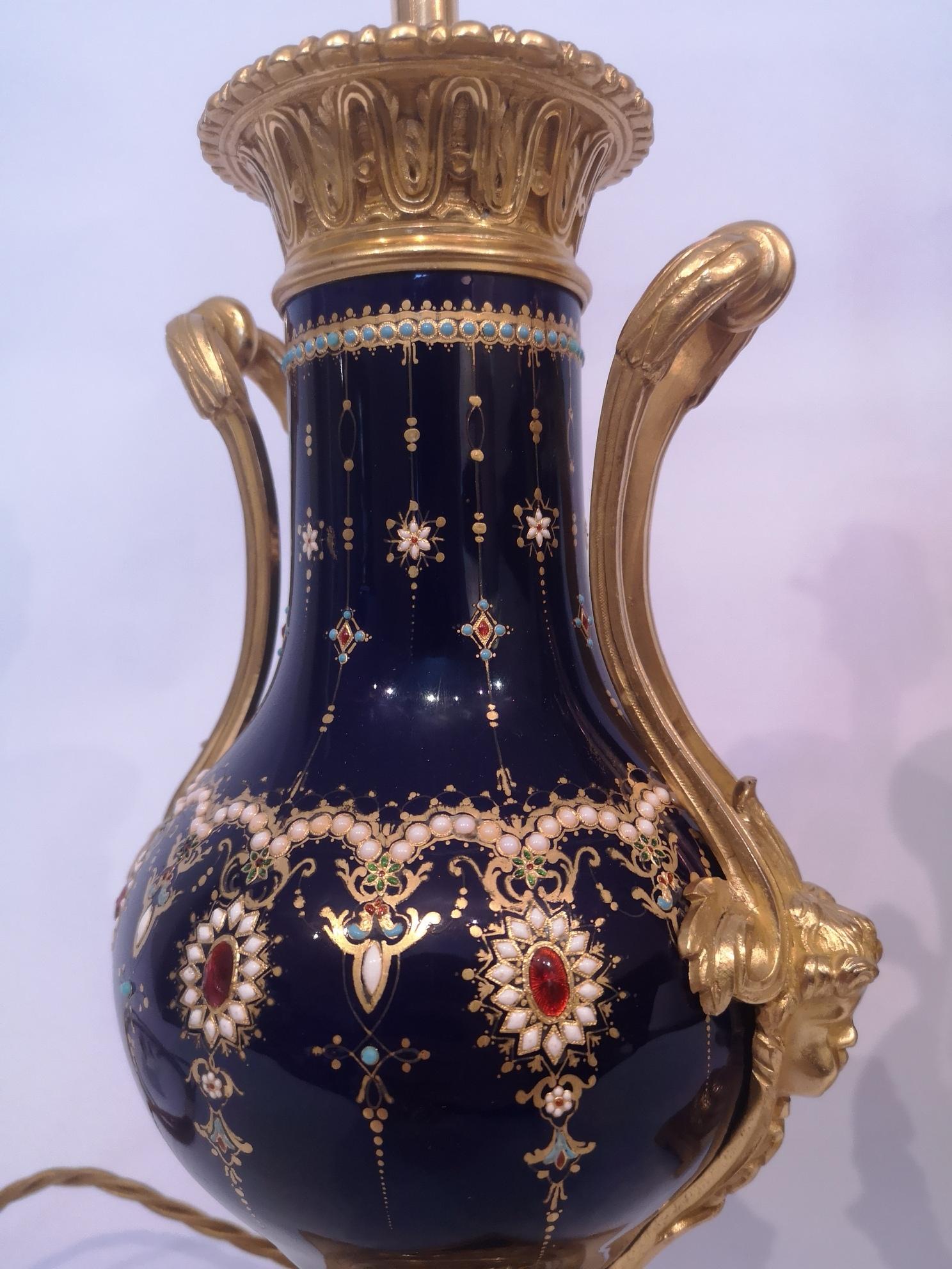 Fine Pair 19th Century Jewelled Sevres Blue Porcelain Lamps In Good Condition For Sale In London, GB