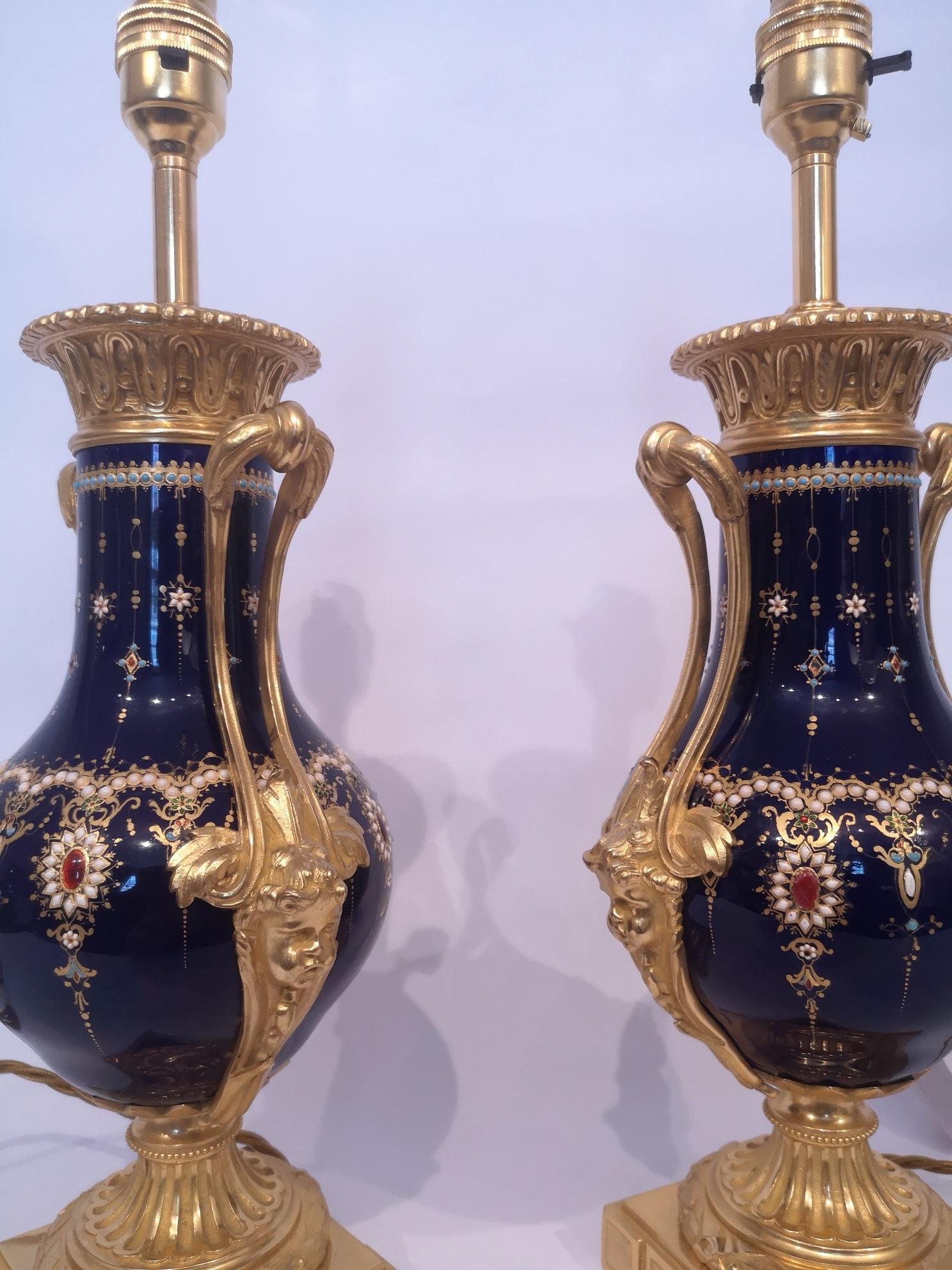 Bronze Fine Pair 19th Century Jewelled Sevres Blue Porcelain Lamps For Sale