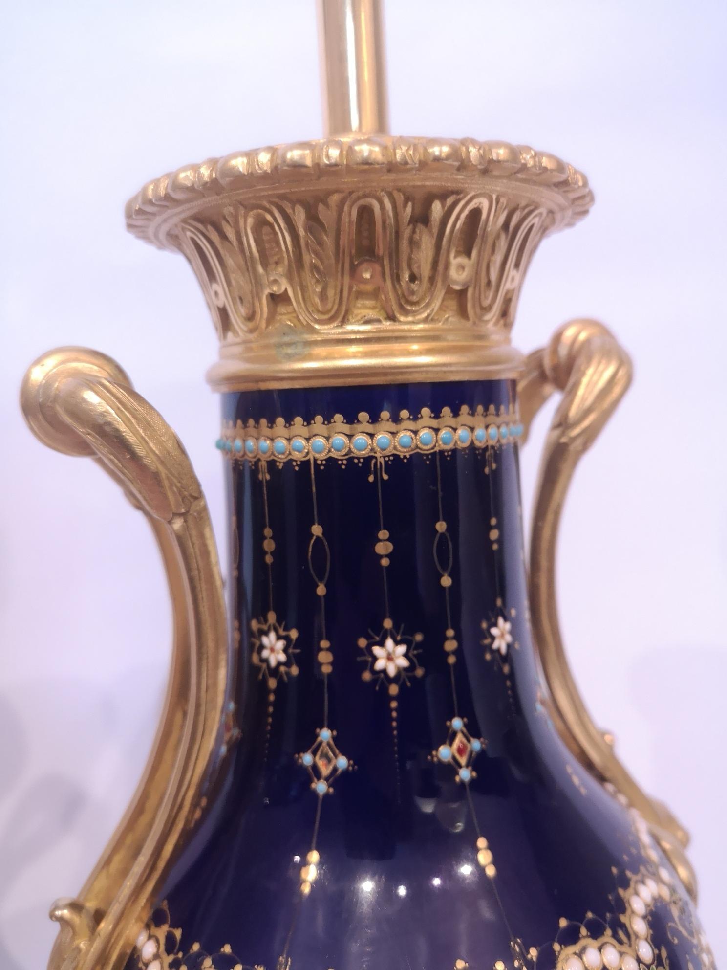 Fine Pair 19th Century Jewelled Sevres Blue Porcelain Lamps For Sale 2
