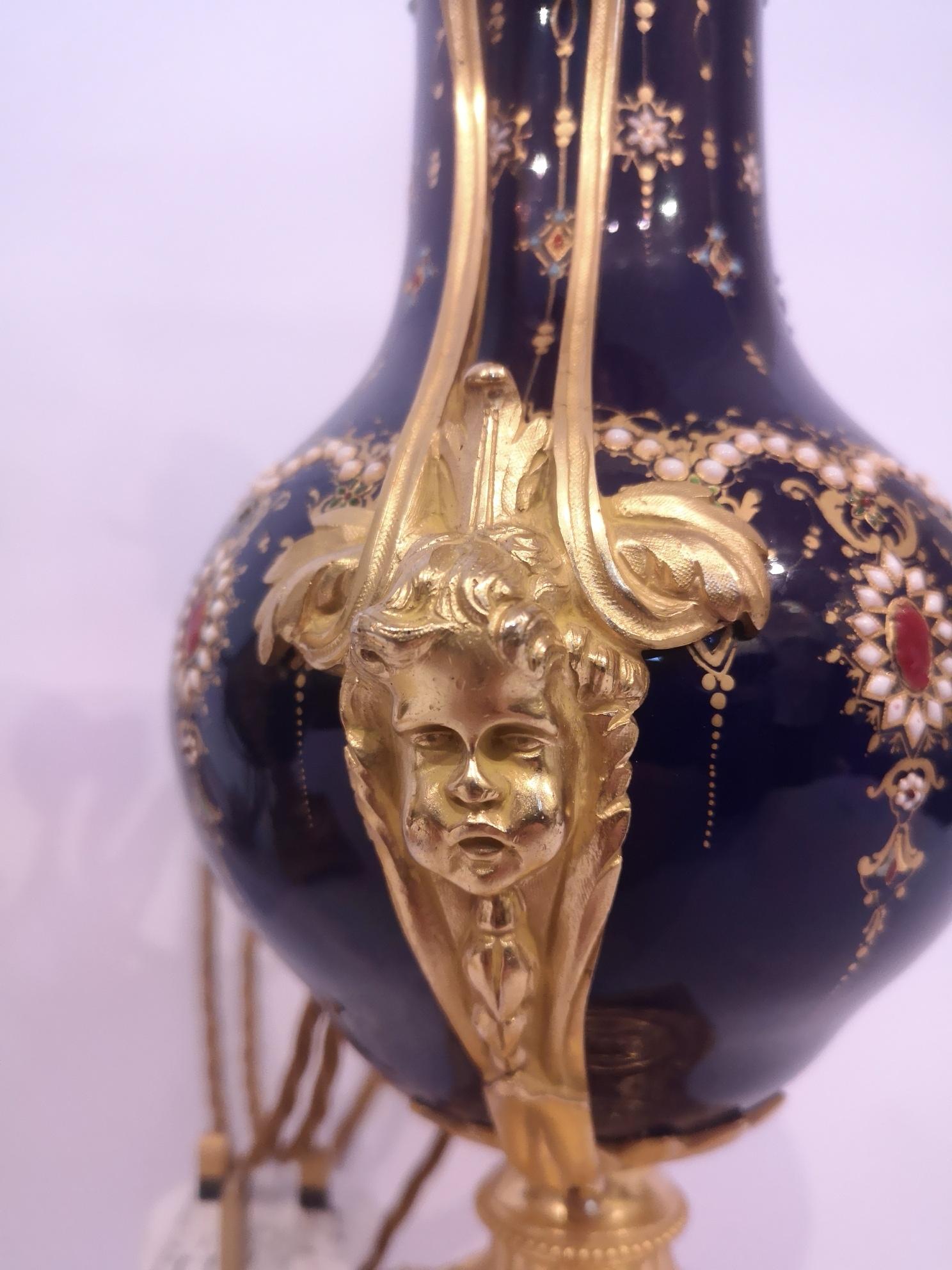 Fine Pair 19th Century Jewelled Sevres Blue Porcelain Lamps For Sale 4