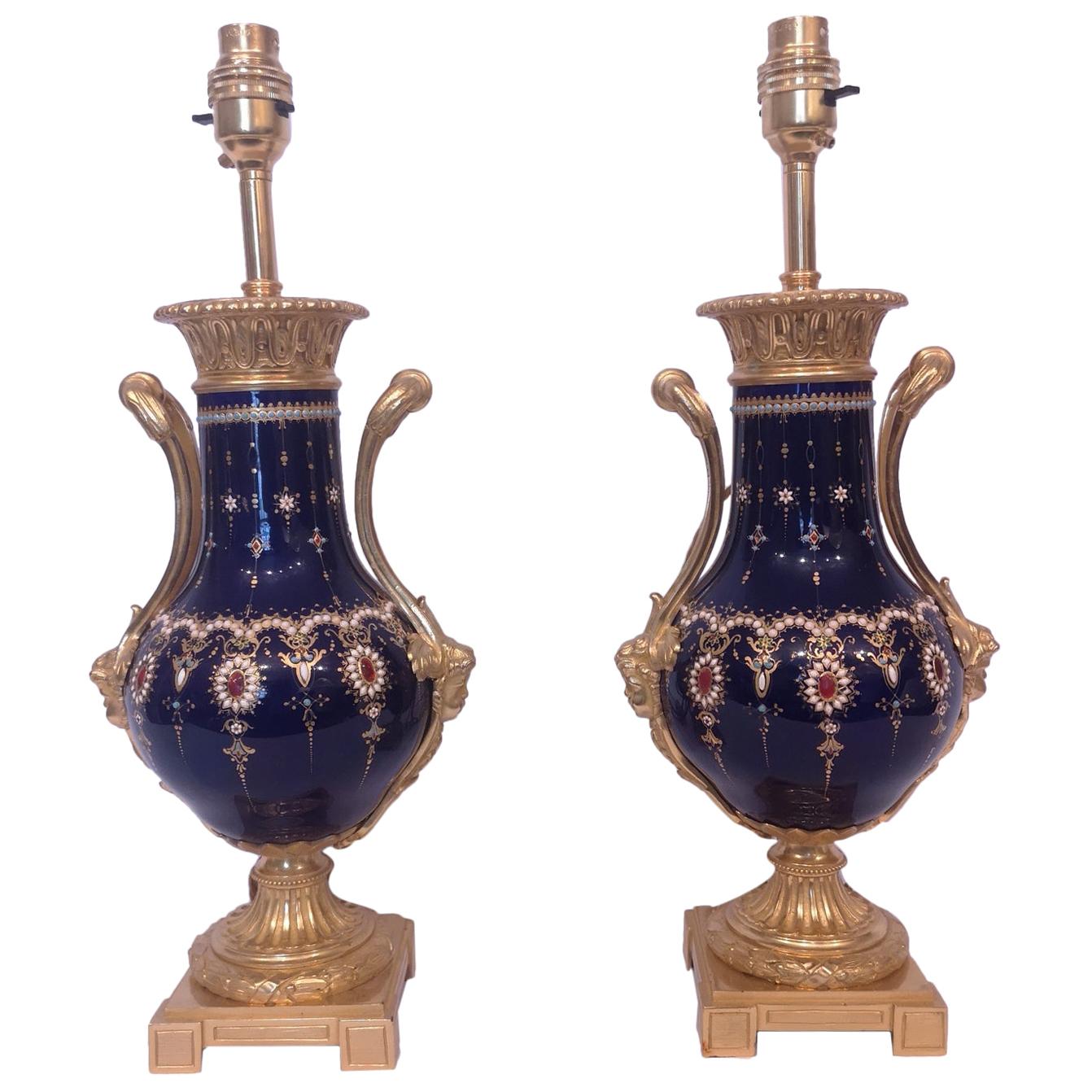 Fine Pair 19th Century Jewelled Sevres Blue Porcelain Lamps For Sale