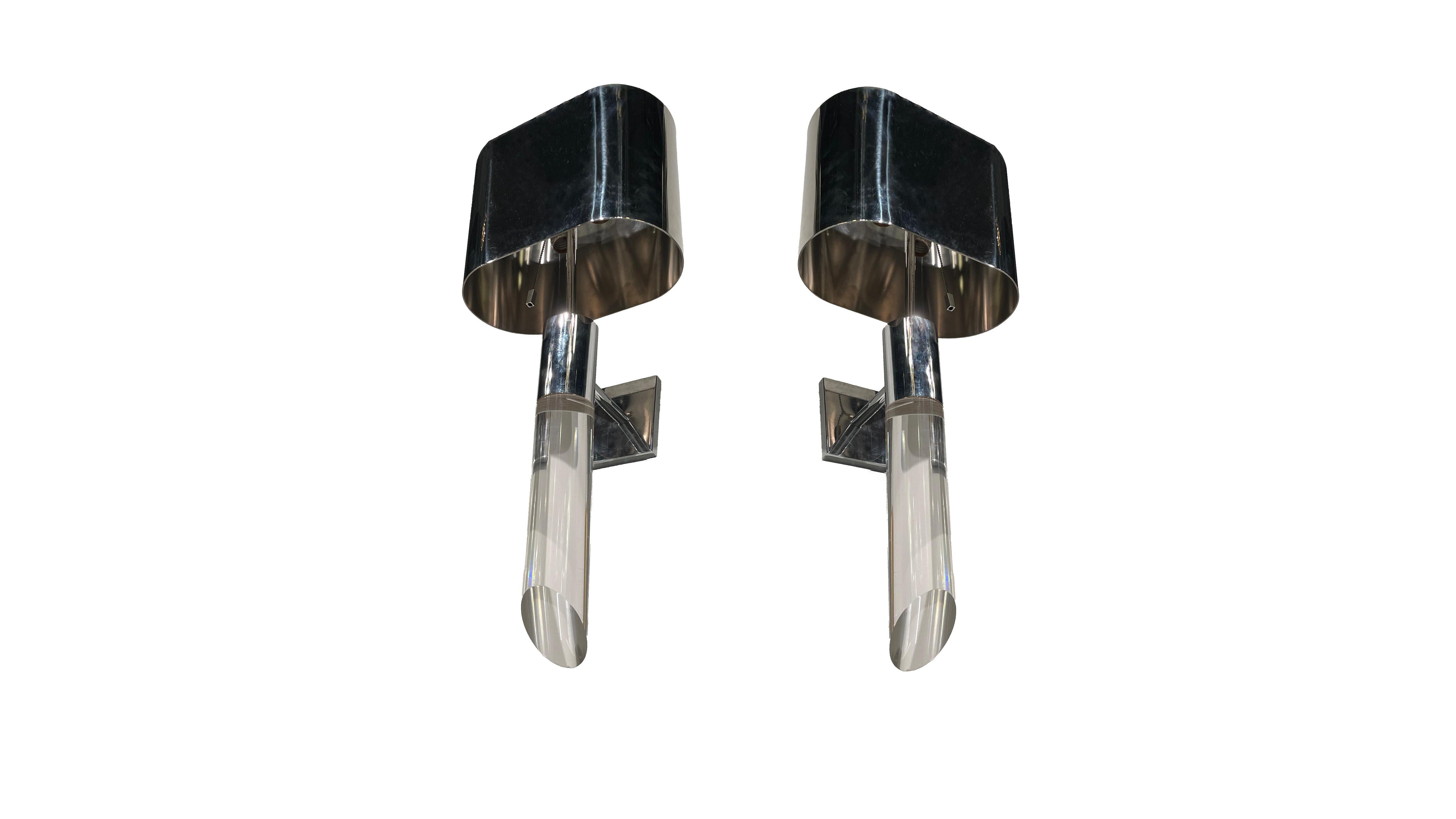 Fine Pair American Modern Polished Steel and Lucite Wall Lights, Karl Springer For Sale 6