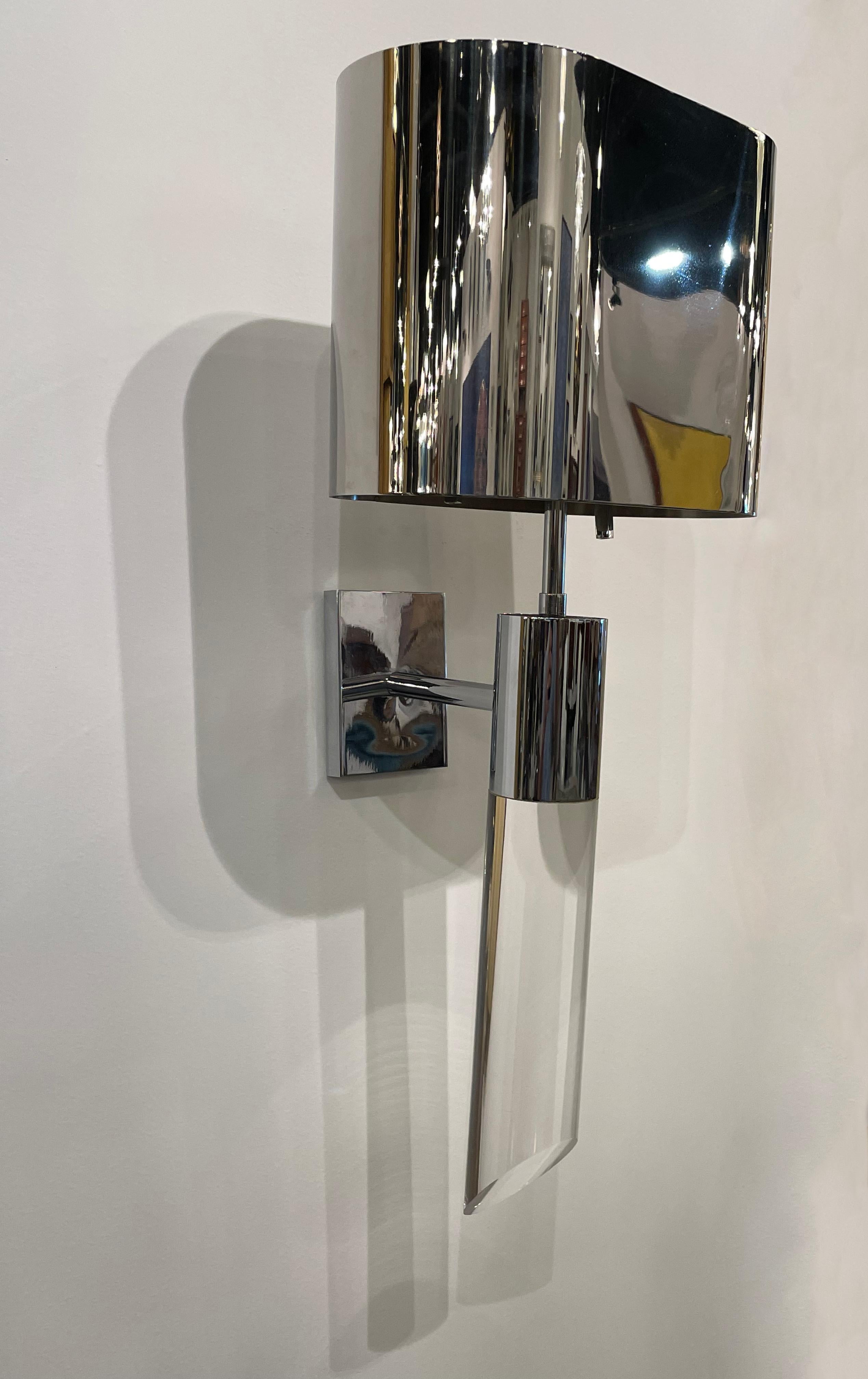 Fine Pair American Modern Polished Steel and Lucite Wall Lights, Karl Springer In Good Condition For Sale In Hollywood, FL