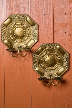 Fine Pair Antique Brass Repousse Dutch Sconces Having Two Arms Each