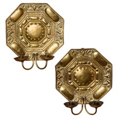 Fine Pair Antique Brass Repousse Dutch Sconces Having Two Arms Each