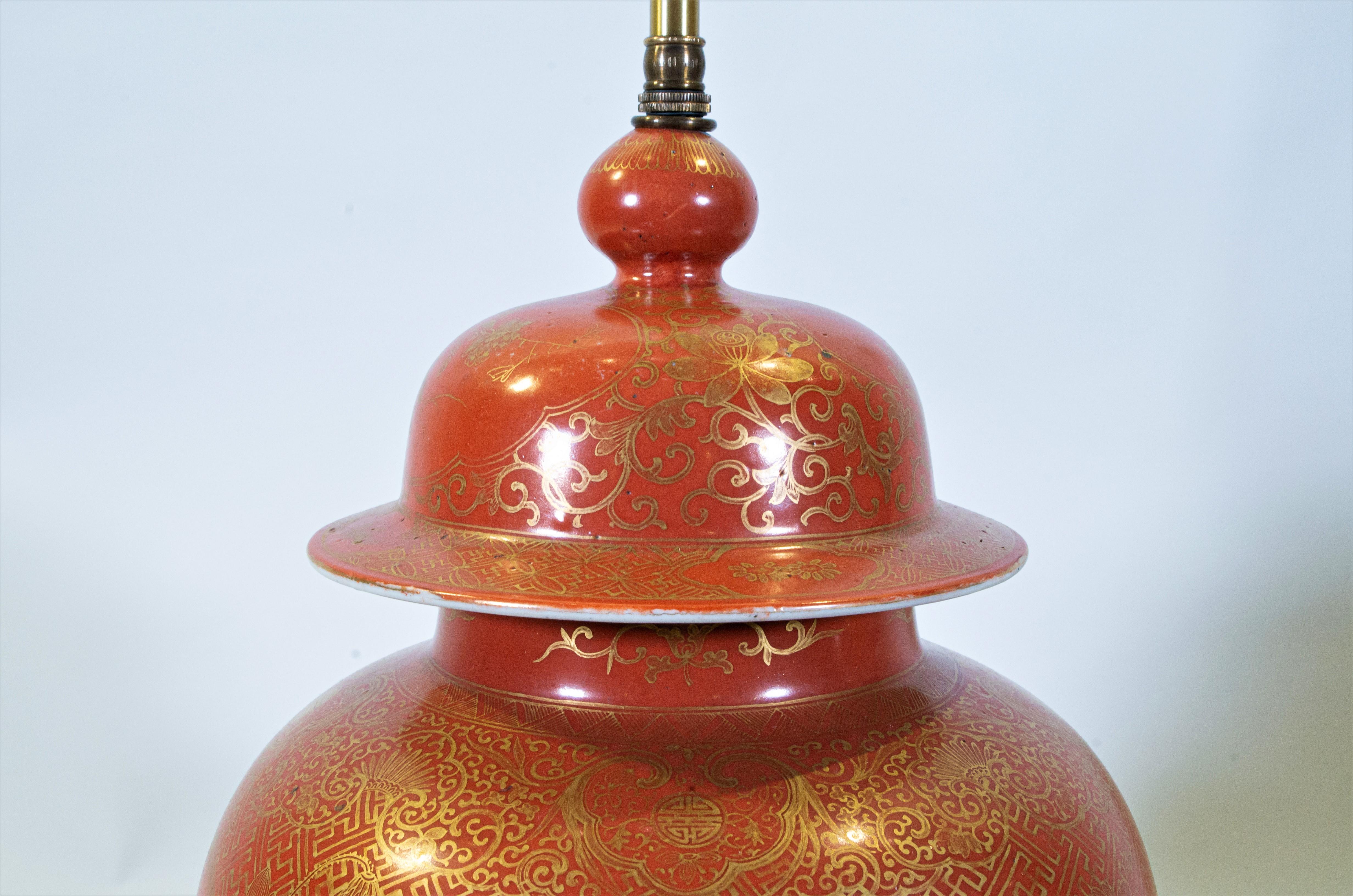 Fine pair Antique Chinese Export Orange Ground & 24K Gilt Vases Turned to Lamps For Sale 4