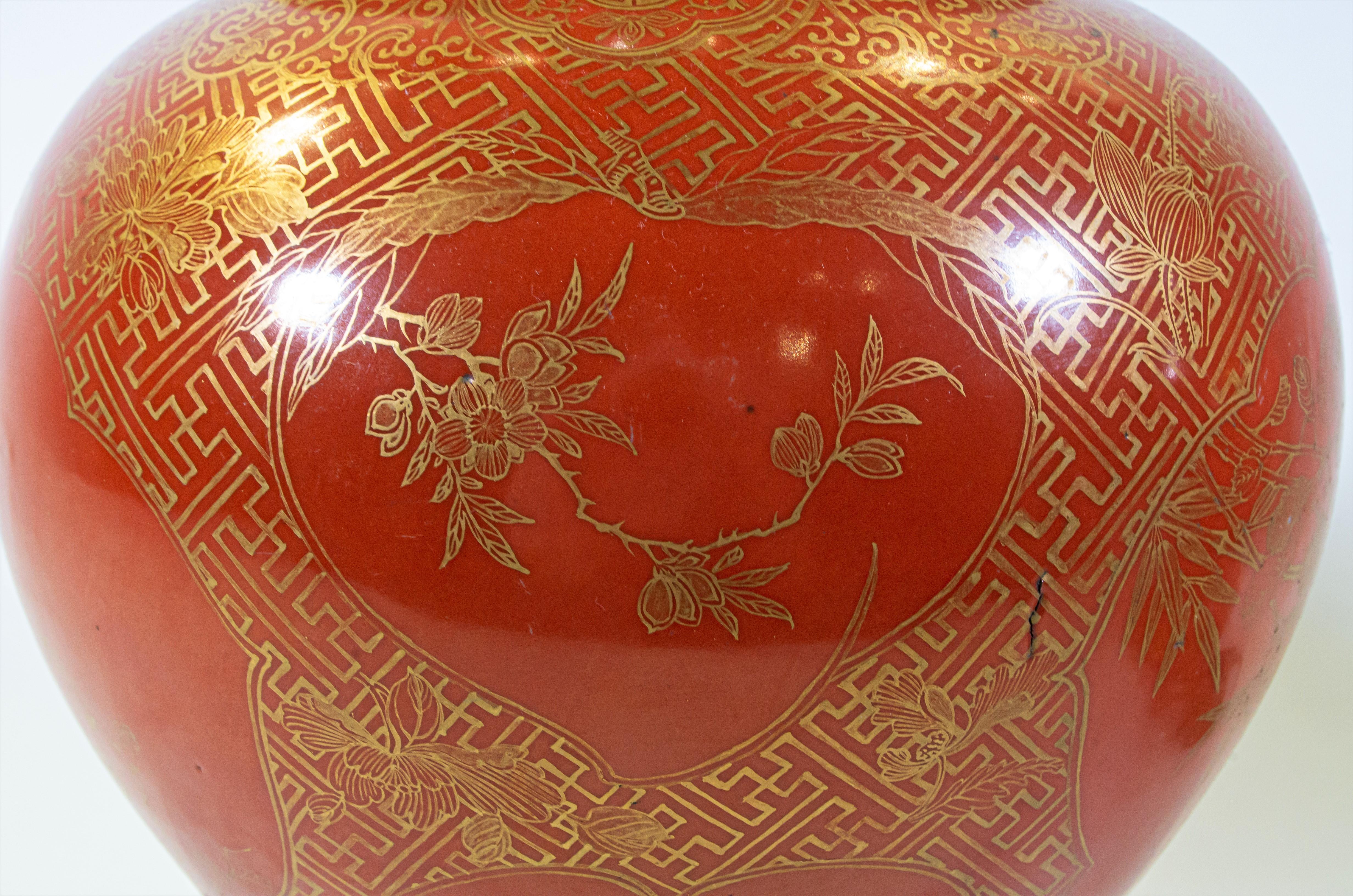 Antikes Paar antiker chinesischer Export-Vasen mit orangefarbenem Grund und vergoldetem 24 Karat, gedrechselt zu Lampen im Angebot 5