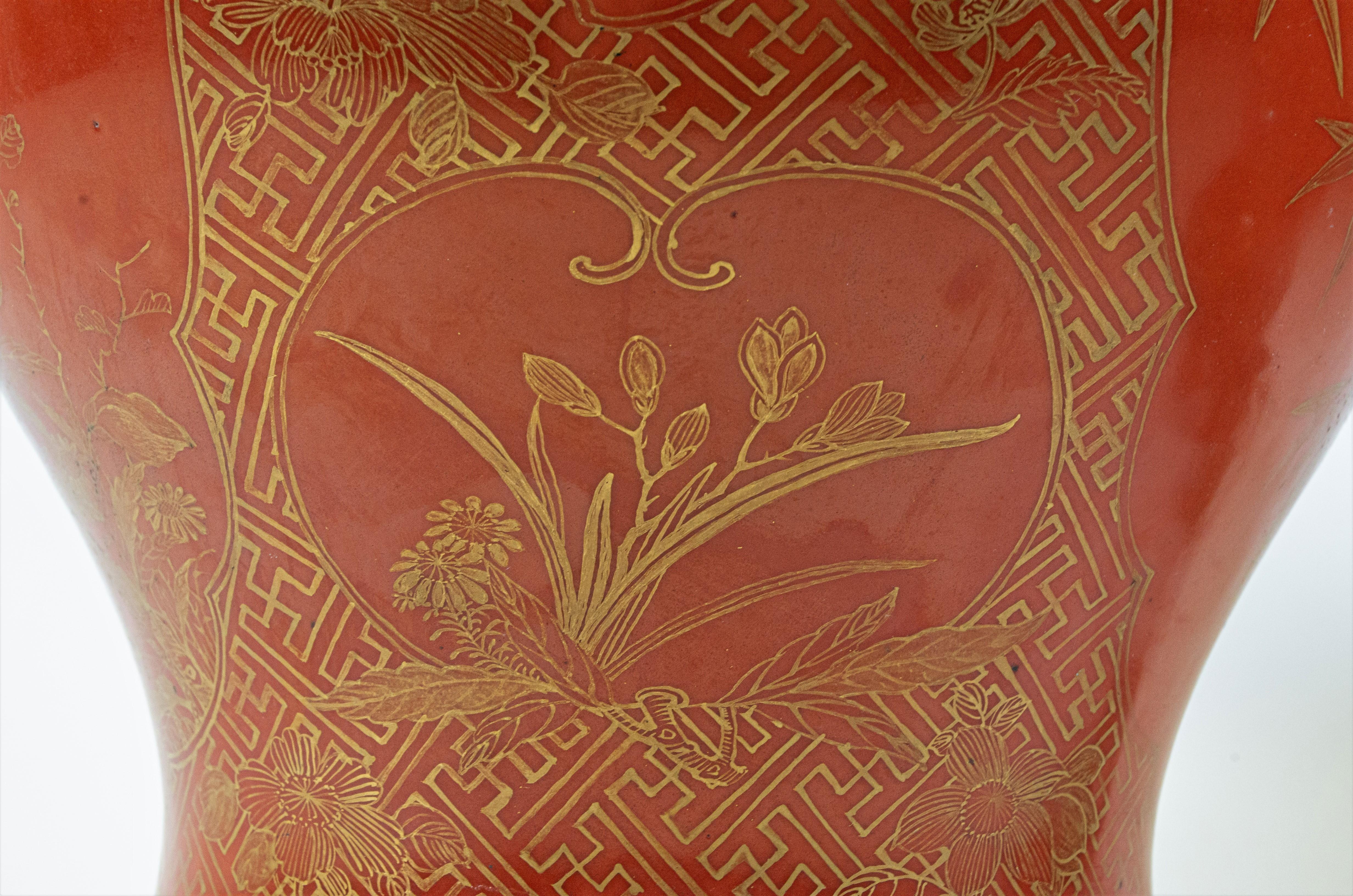 Antikes Paar antiker chinesischer Export-Vasen mit orangefarbenem Grund und vergoldetem 24 Karat, gedrechselt zu Lampen im Angebot 6