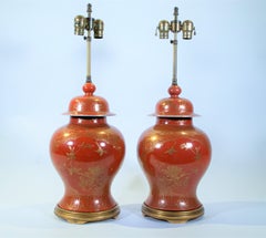 Fine pair Antique Chinese Export Orange Ground & 24K Gilt Vases Turned to Lamps
