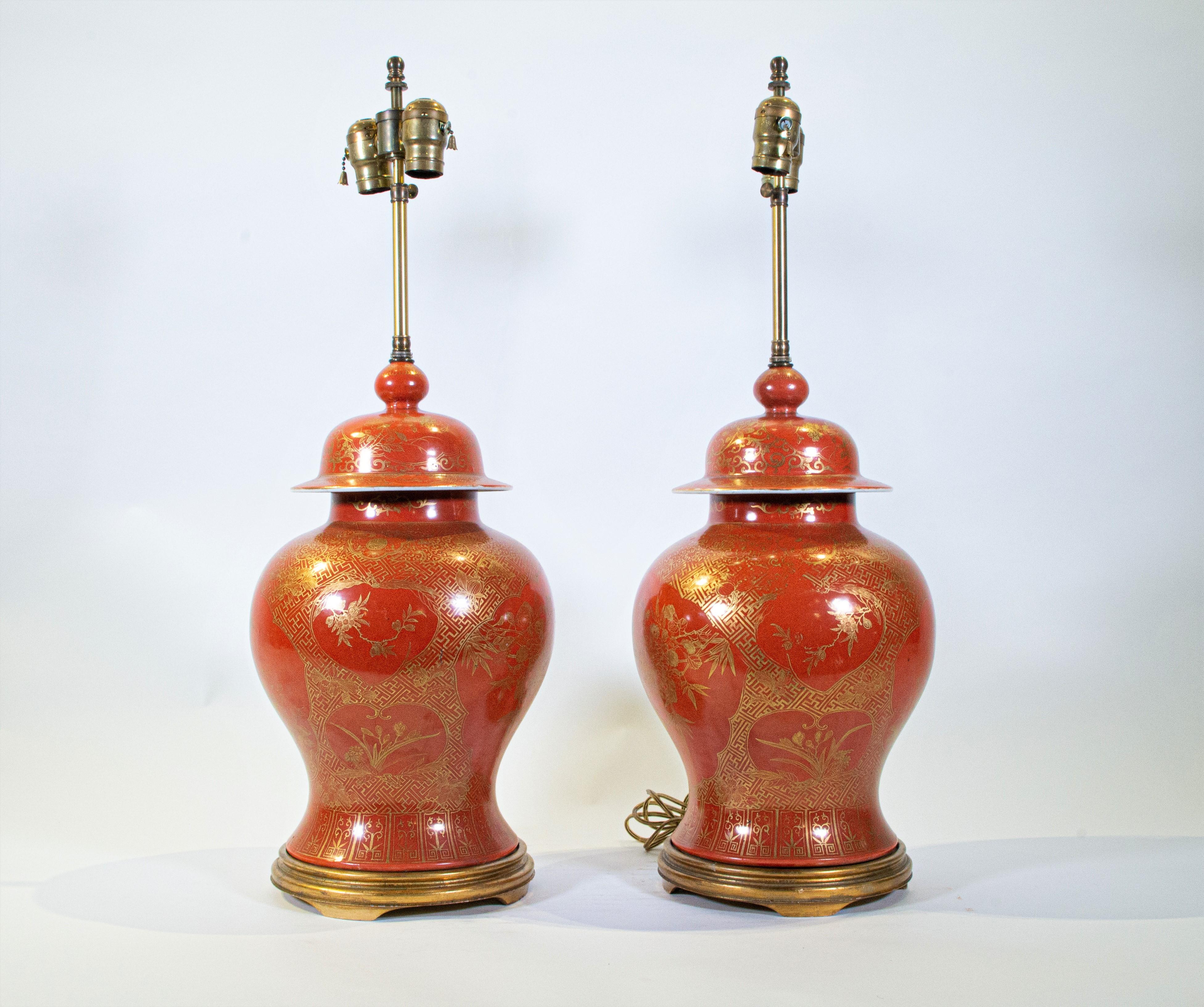 Hand-Painted Fine pair Antique Chinese Export Orange Ground & 24K Gilt Vases Turned to Lamps For Sale