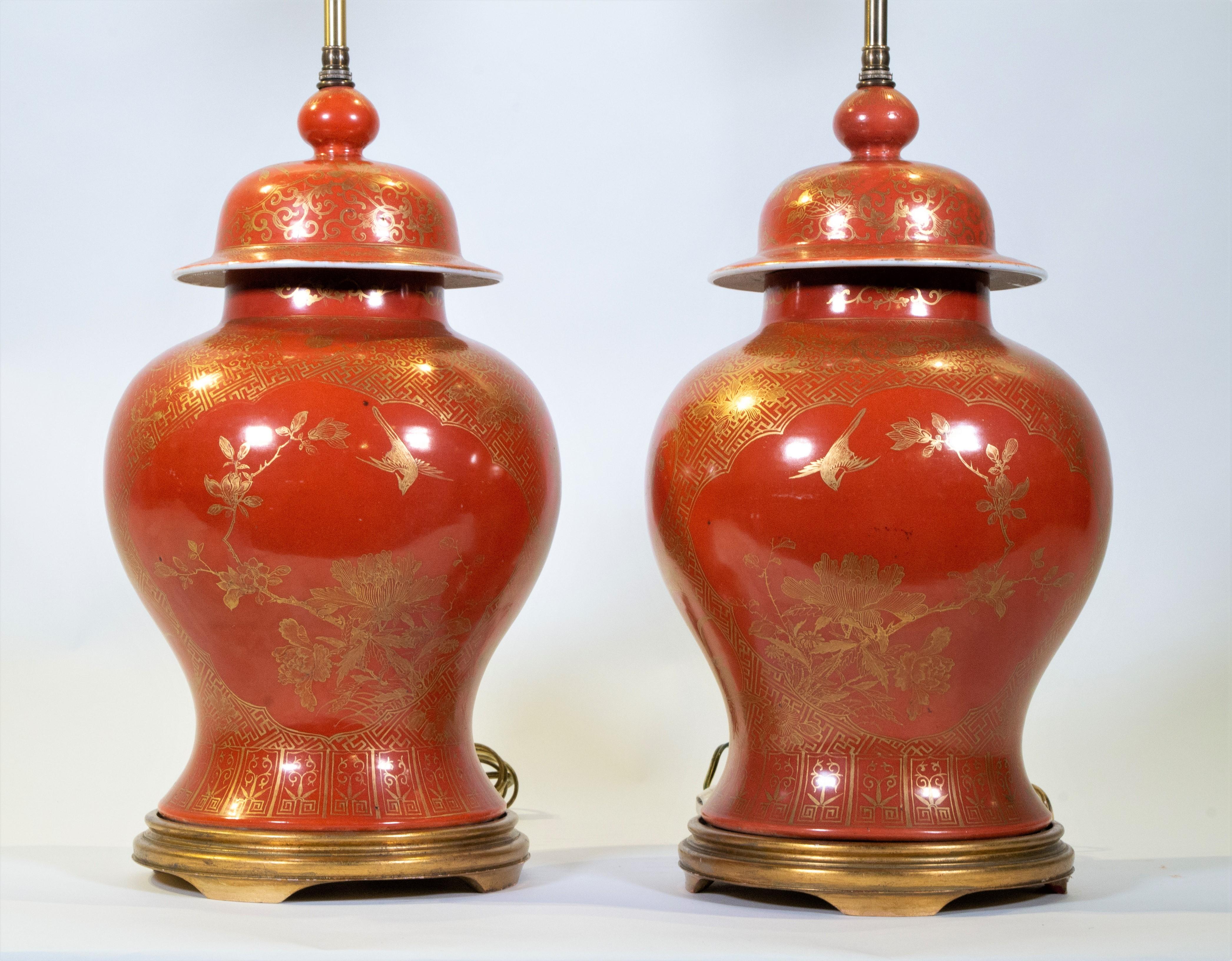 Porcelain Fine pair Antique Chinese Export Orange Ground & 24K Gilt Vases Turned to Lamps For Sale