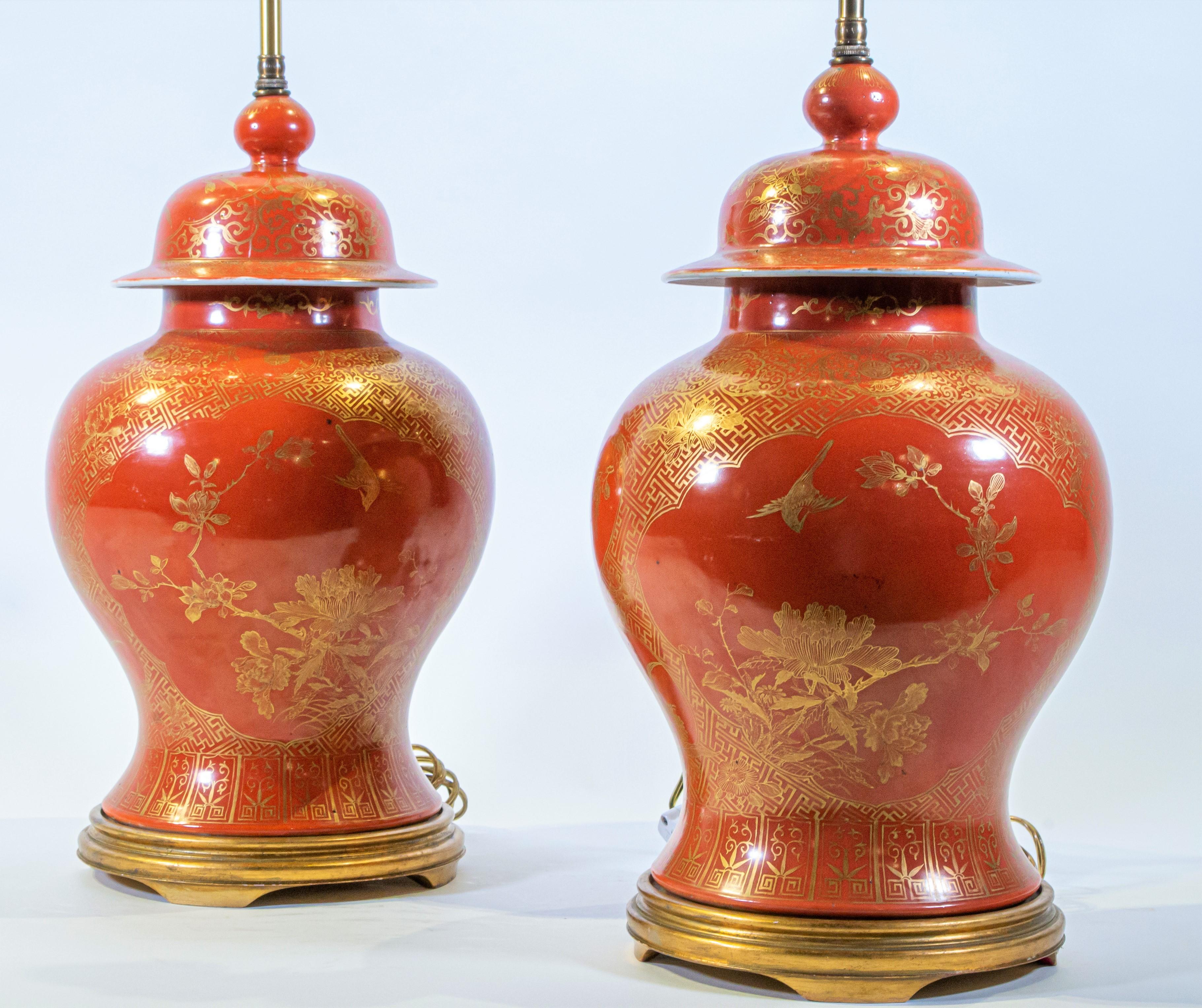 Fine pair Antique Chinese Export Orange Ground & 24K Gilt Vases Turned to Lamps For Sale 2
