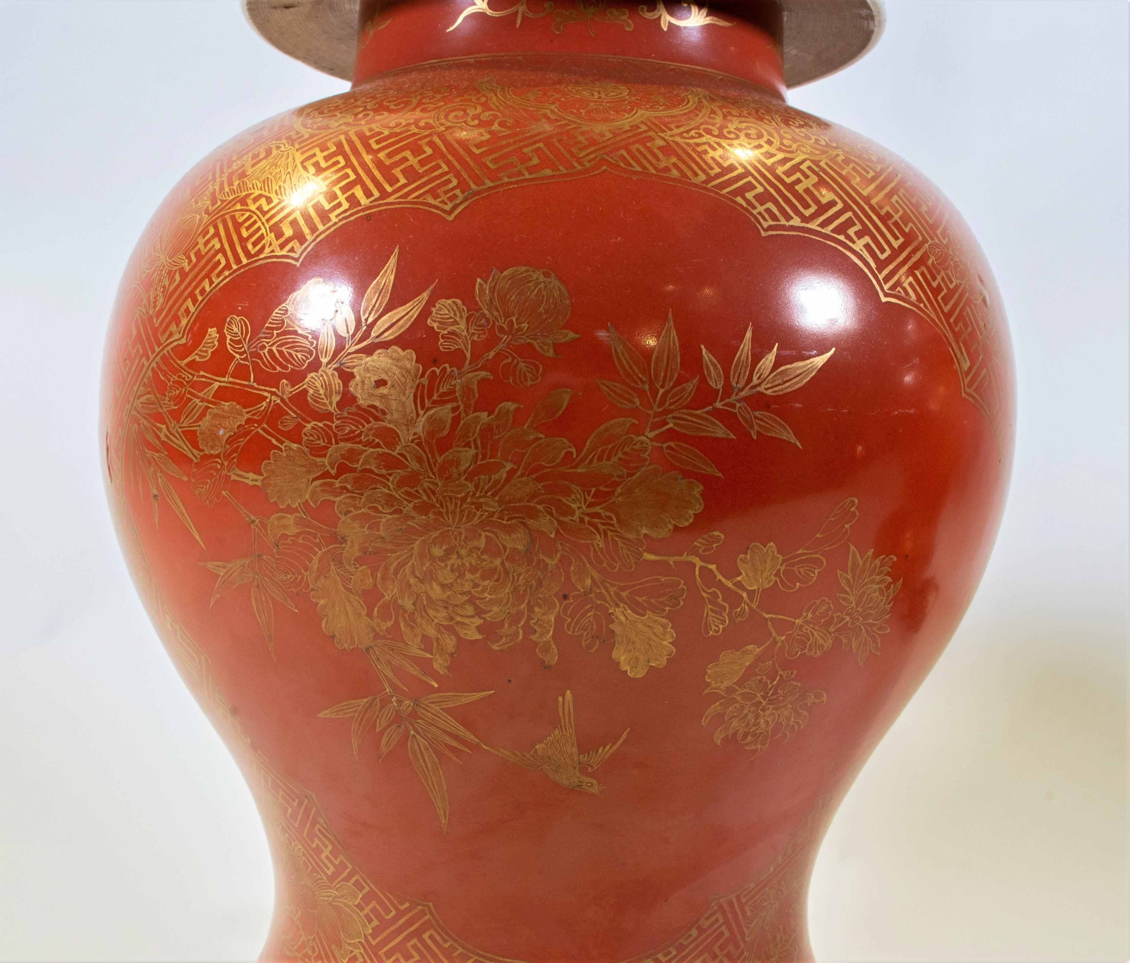 Fine pair Antique Chinese Export Orange Ground & 24K Gilt Vases Turned to Lamps For Sale 3