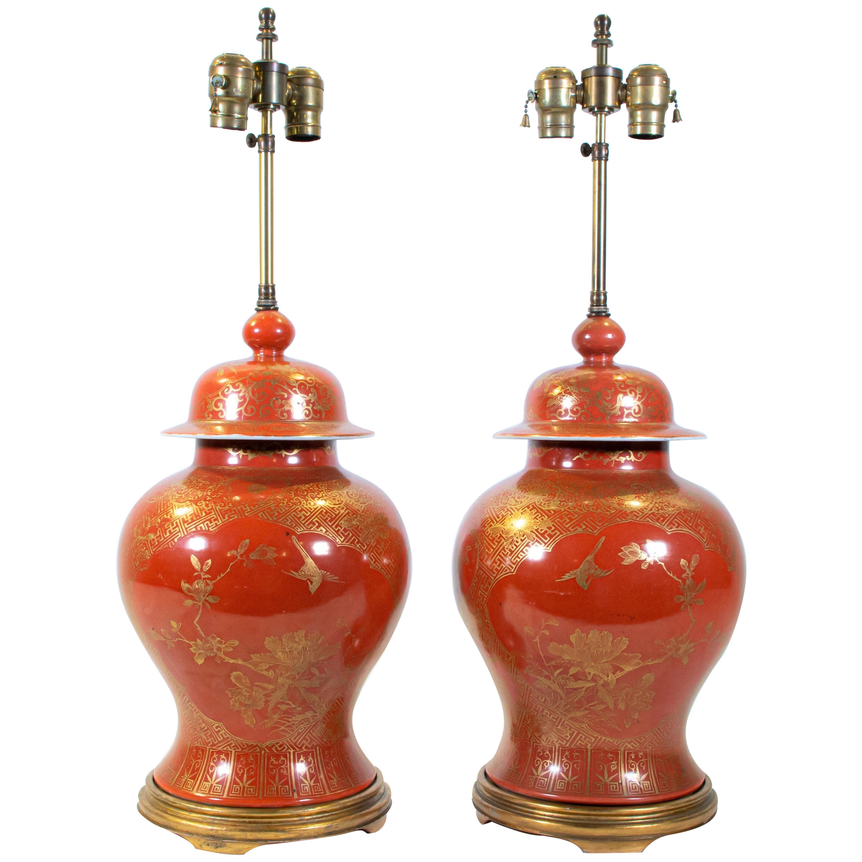 Fine pair Antique Chinese Export Orange Ground & 24K Gilt Vases Turned to Lamps For Sale