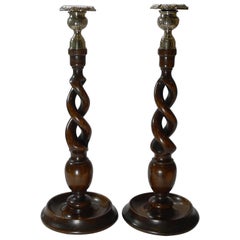 Fine Pair Antique English Oak Open Barley Twist Candlesticks, c.1910