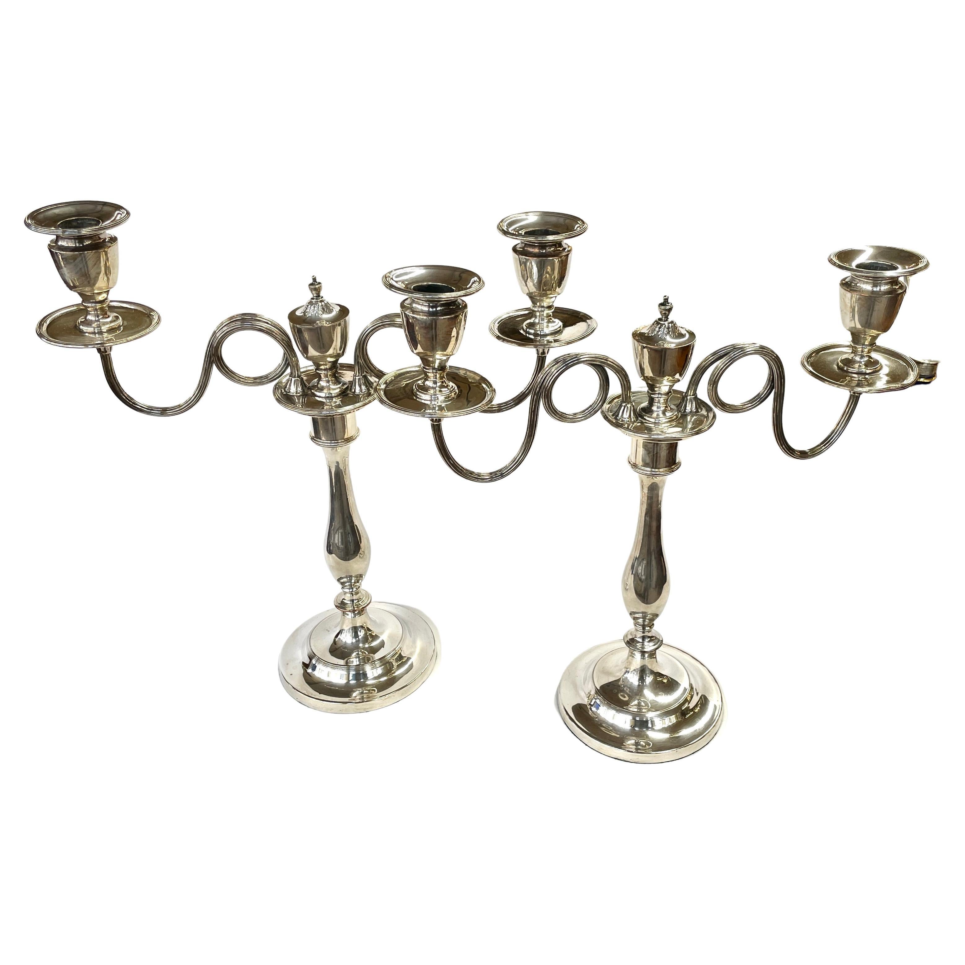 Fine Pair Antique English "Old Sheffield Plate" Geo. III 2-Light Candelabra For Sale