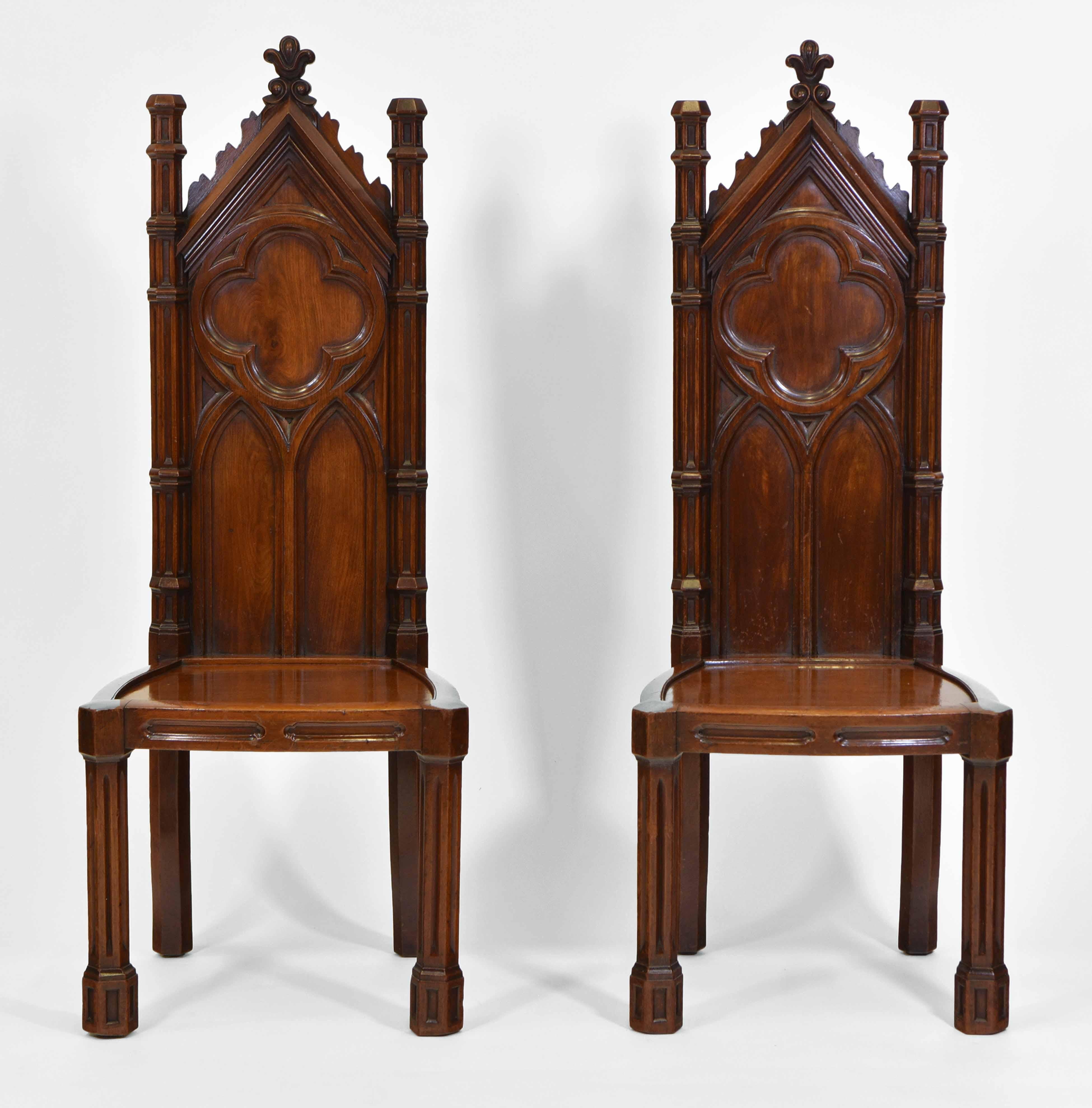 Fine Pair Antique Gothic Walnut Hall Chairs 6