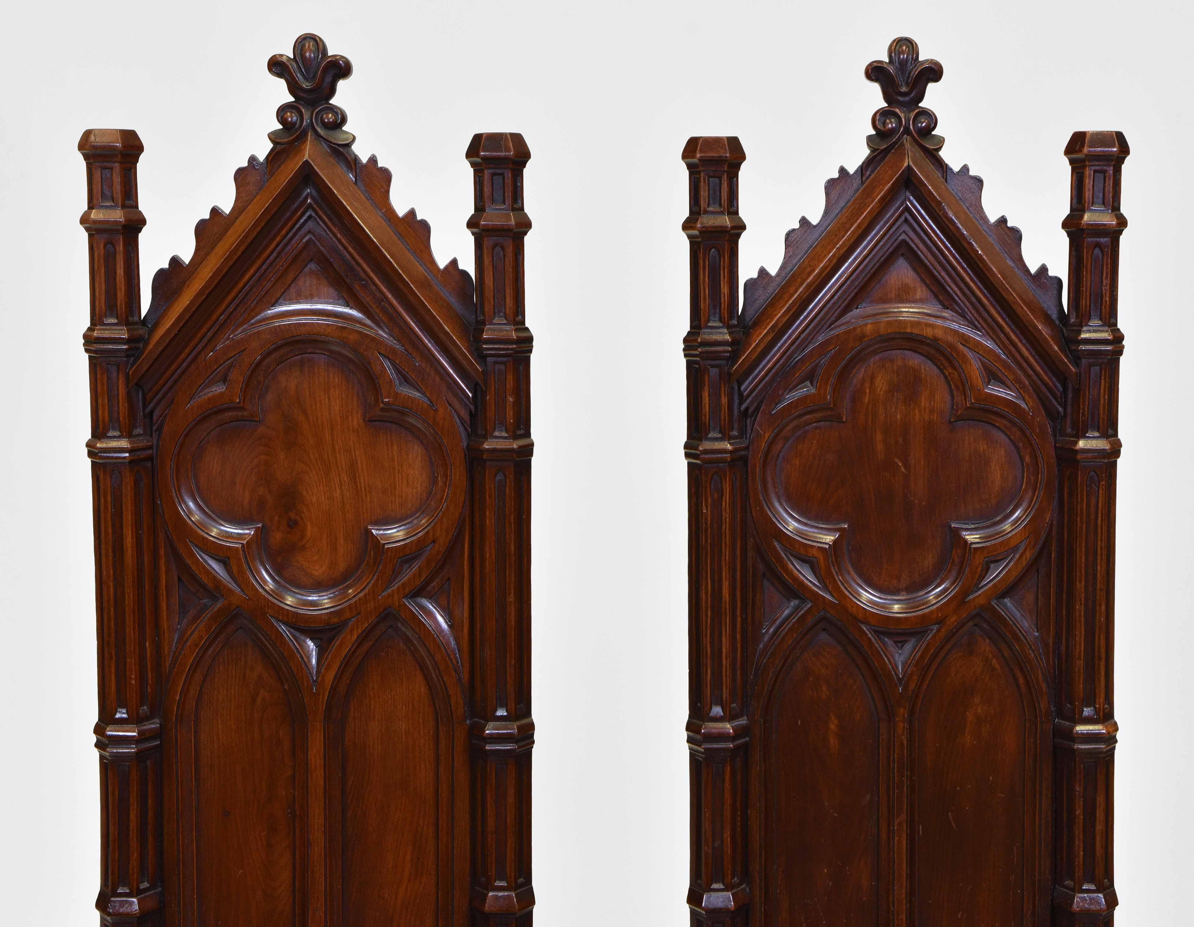 A fine pair of walnut gothic hall chairs. Circa 1850. 

*Free delivery for all areas in mainland England & Wales only. Delivery to room of choice by a two person team. Items are left packed. Please contact me if you require more delivery