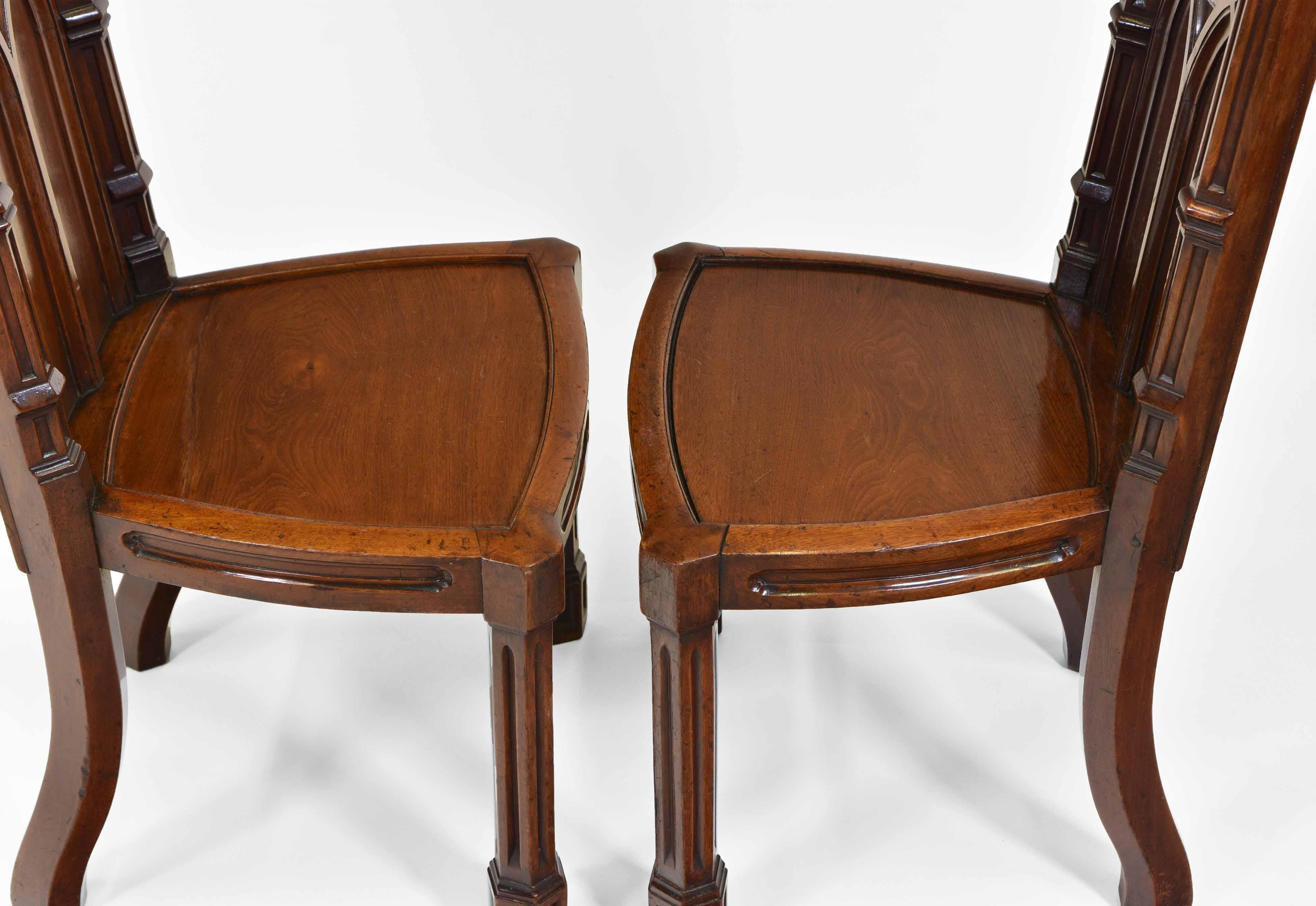Hand-Crafted Fine Pair Antique Gothic Walnut Hall Chairs