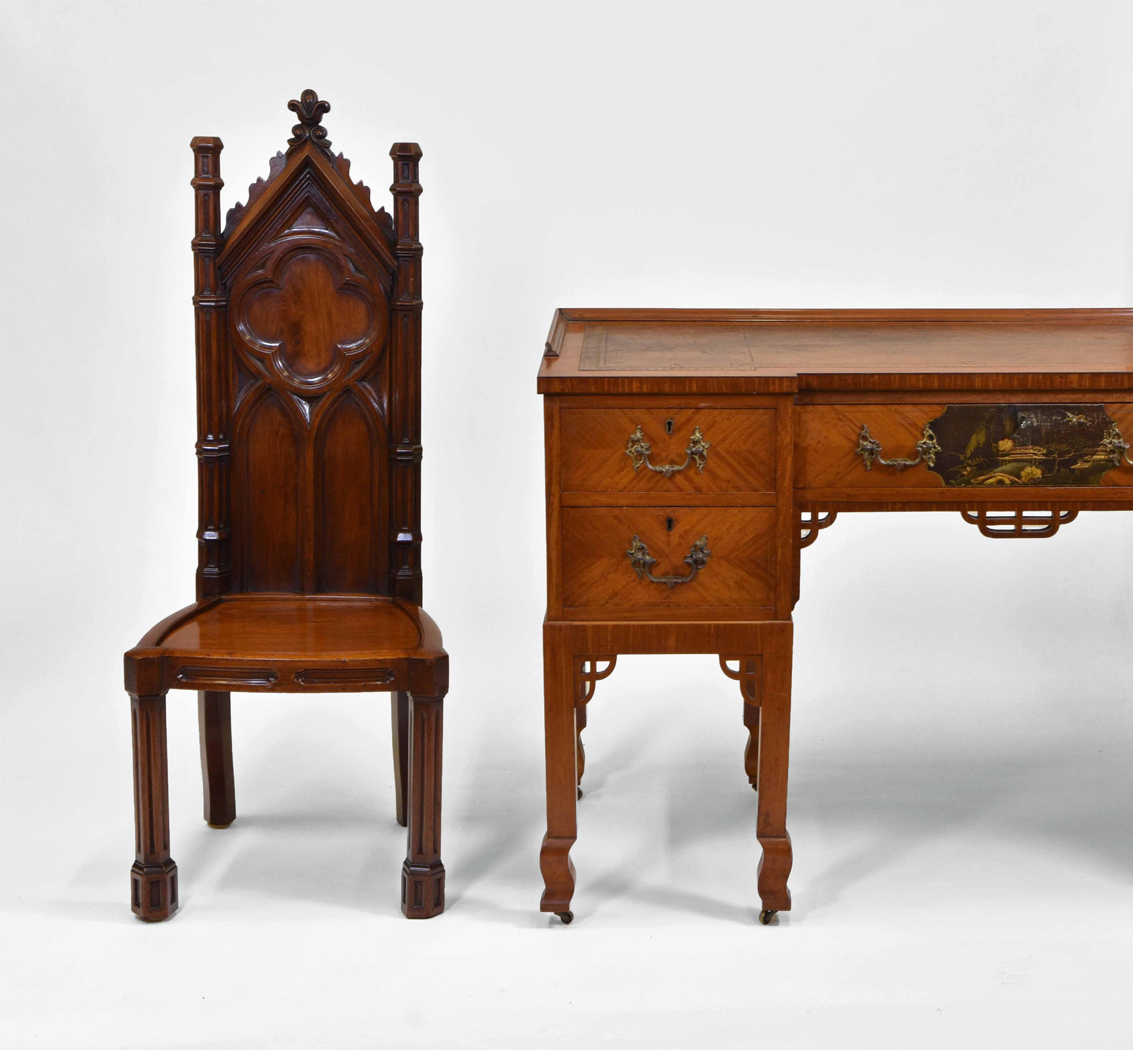 British Fine Pair Antique Gothic Walnut Hall Chairs