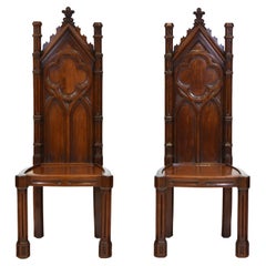 Fine Pair Antique Gothic Walnut Hall Chairs