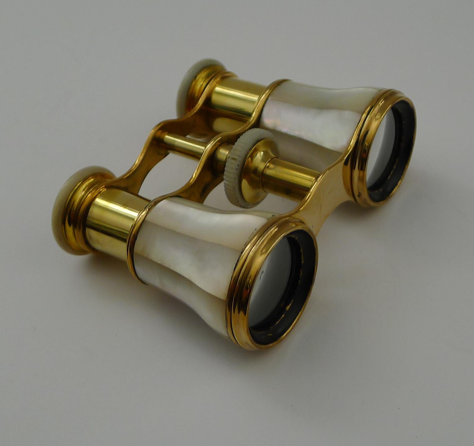 Brass Fine Pair Antique Mother of Pearl Opera Glasses by LeMaire, Paris c.1910 For Sale