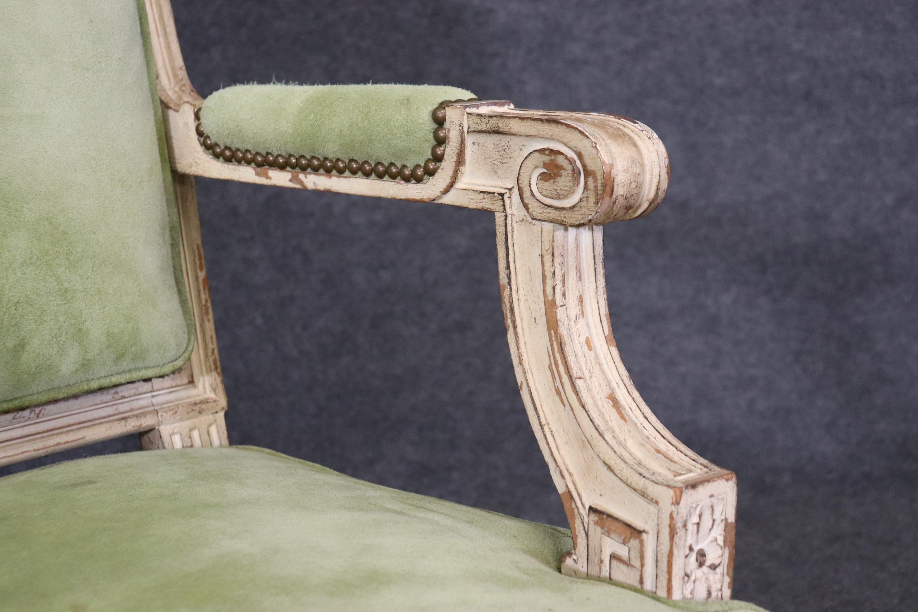Fine Pair Antique White Paint Decorated French Louis XV Large Scale Armchairs For Sale 5