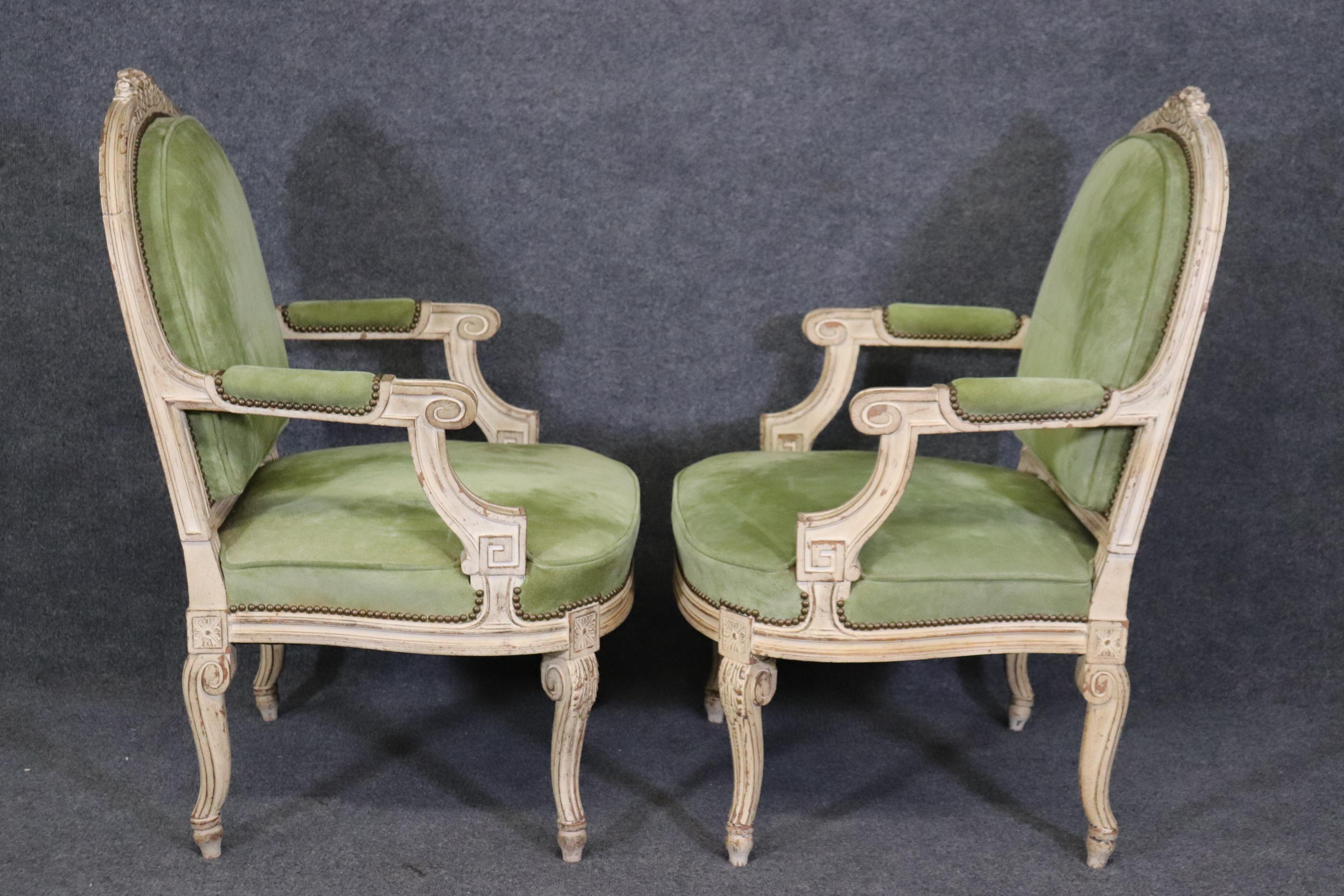 Mid-20th Century Fine Pair Antique White Paint Decorated French Louis XV Large Scale Armchairs For Sale