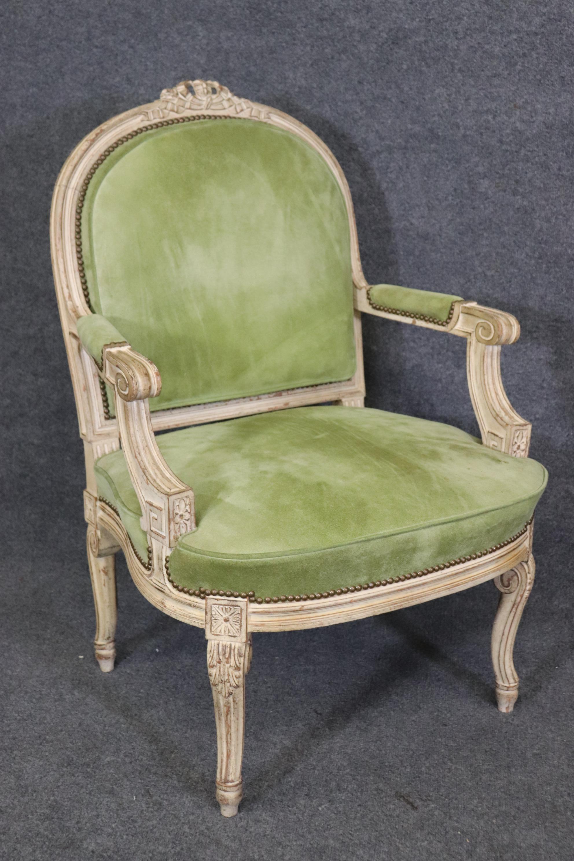 Walnut Fine Pair Antique White Paint Decorated French Louis XV Large Scale Armchairs For Sale