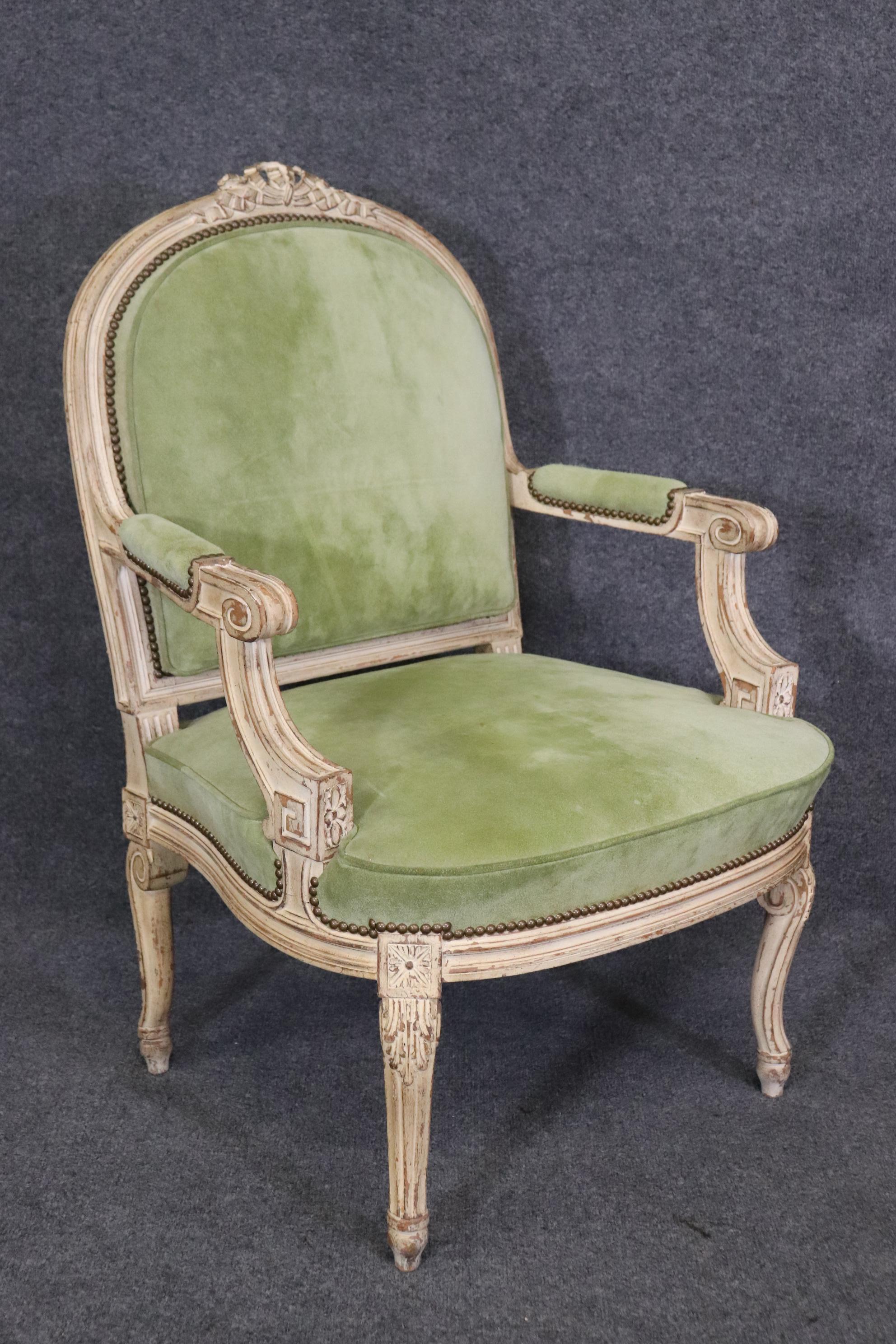 Fine Pair Antique White Paint Decorated French Louis XV Large Scale Armchairs  For Sale 4