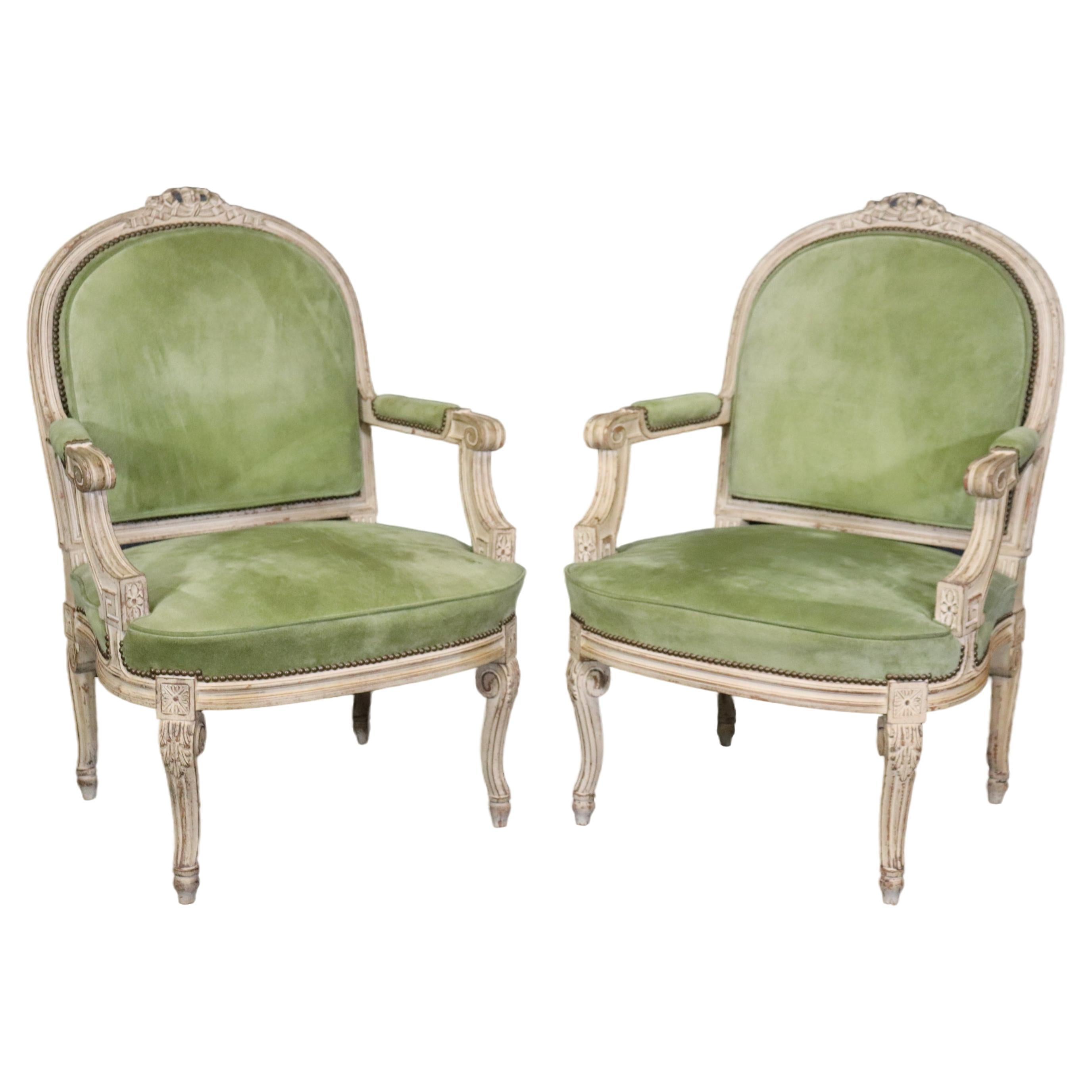 Fine Pair Antique White Paint Decorated French Louis XV Large Scale Armchairs For Sale