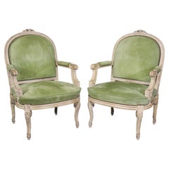 Fine Pair Vintage White Paint Decorated French Louis XV Large Scale Armchairs