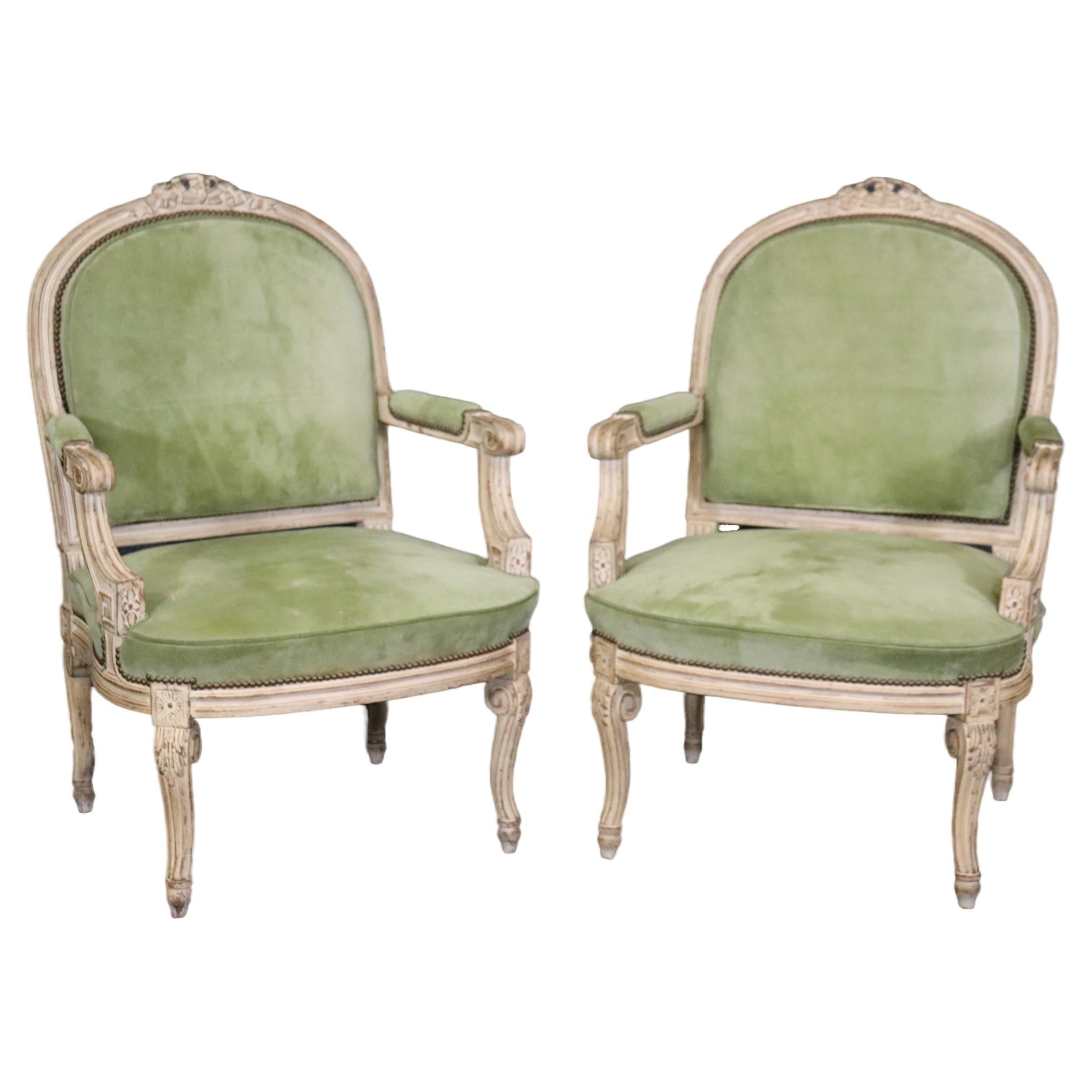 Fine Pair Antique White Paint Decorated French Louis XV Large Scale Armchairs  For Sale
