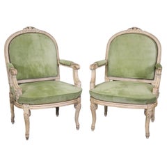 Fine Pair Antique White Paint Decorated French Louis XV Large Scale Armchairs 