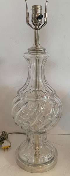 Fine Pair of Baccarat Mid-Century Modern Swirl Crystal Urn Silvered Bronze Lamps