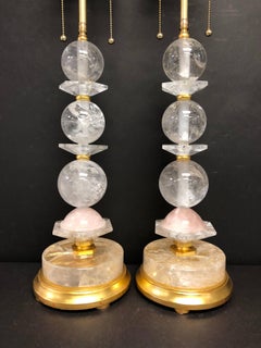 Fine Pair of Baguès Mid-Century Modern Rock Crystal Pink Quartz Giltwood Lamps