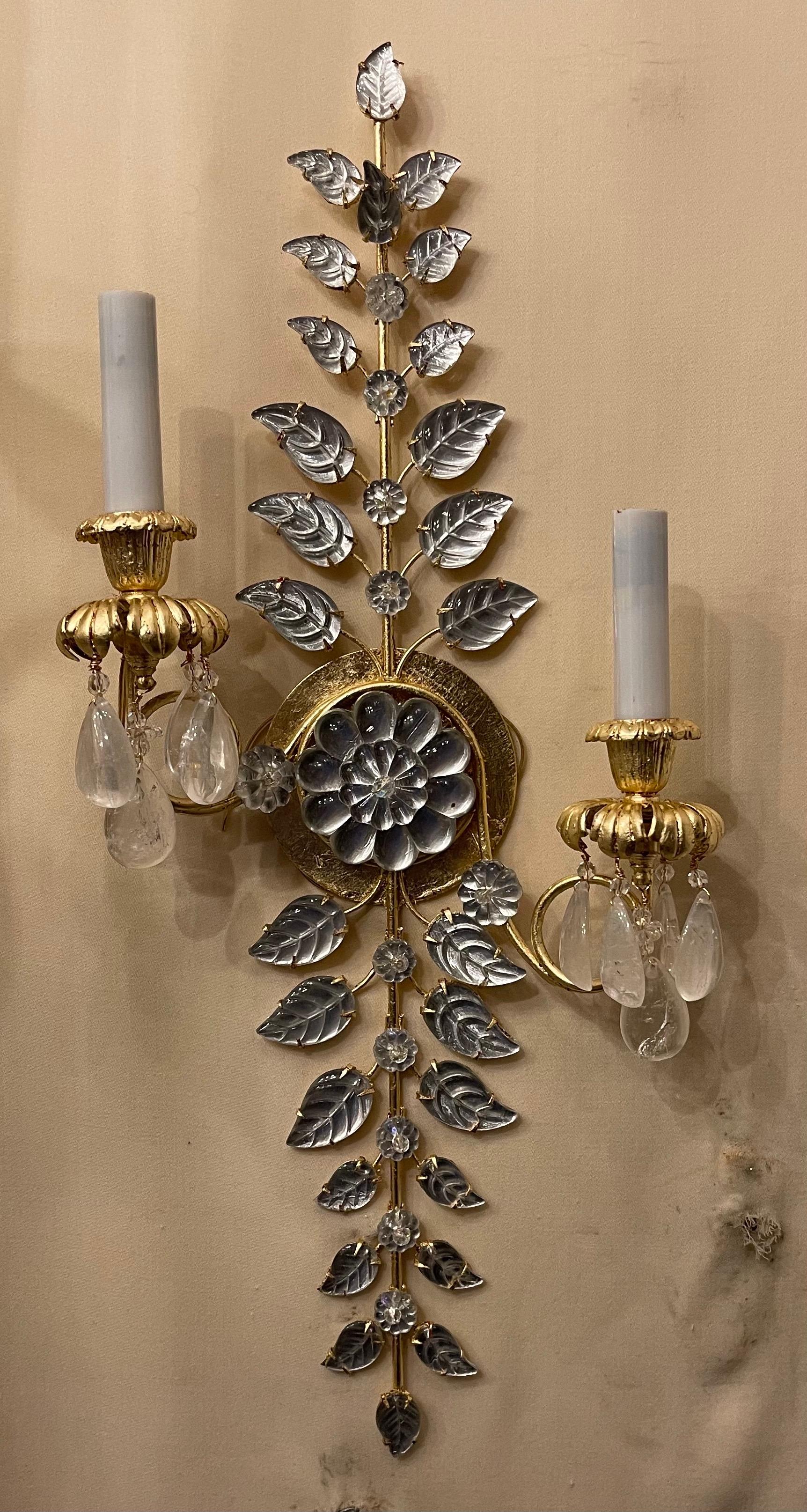 A wonderful pair of Baguès style French gold leaf rock crystal drop flower and leaf 2 candelabra Directional 2-tier light wall sconces, wired and ready to install.

We have the ability of producing these 
Fabulous sconces with a 6-8 week lead