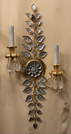 Fine Pair Baguès Style French Gold Leaf Rock Crystal Flower 2-Tier Light Sconces