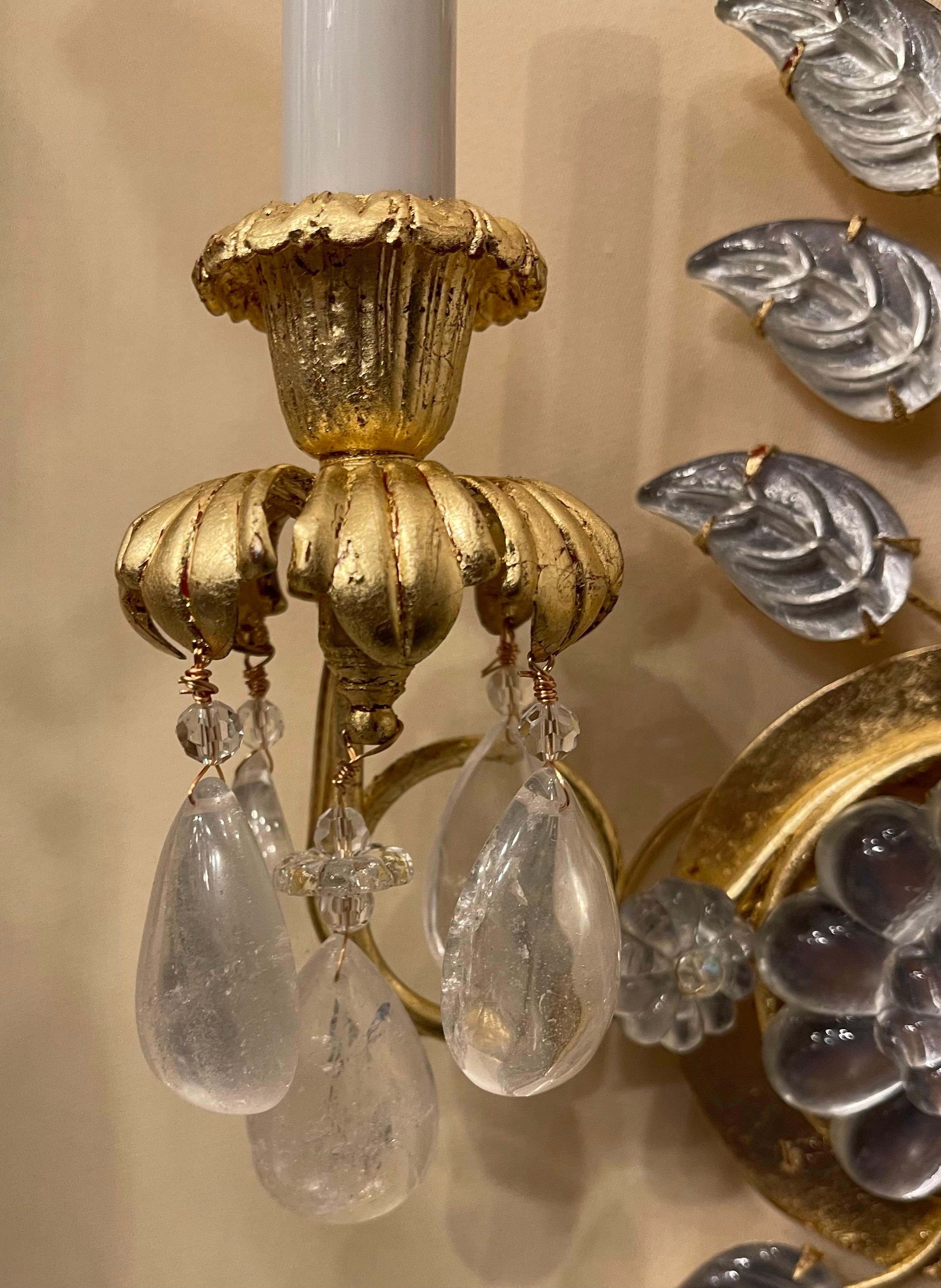 Italian Fine Pair Baguès Style French Gold Leaf Rock Crystal Flower 2-Tier Light Sconces