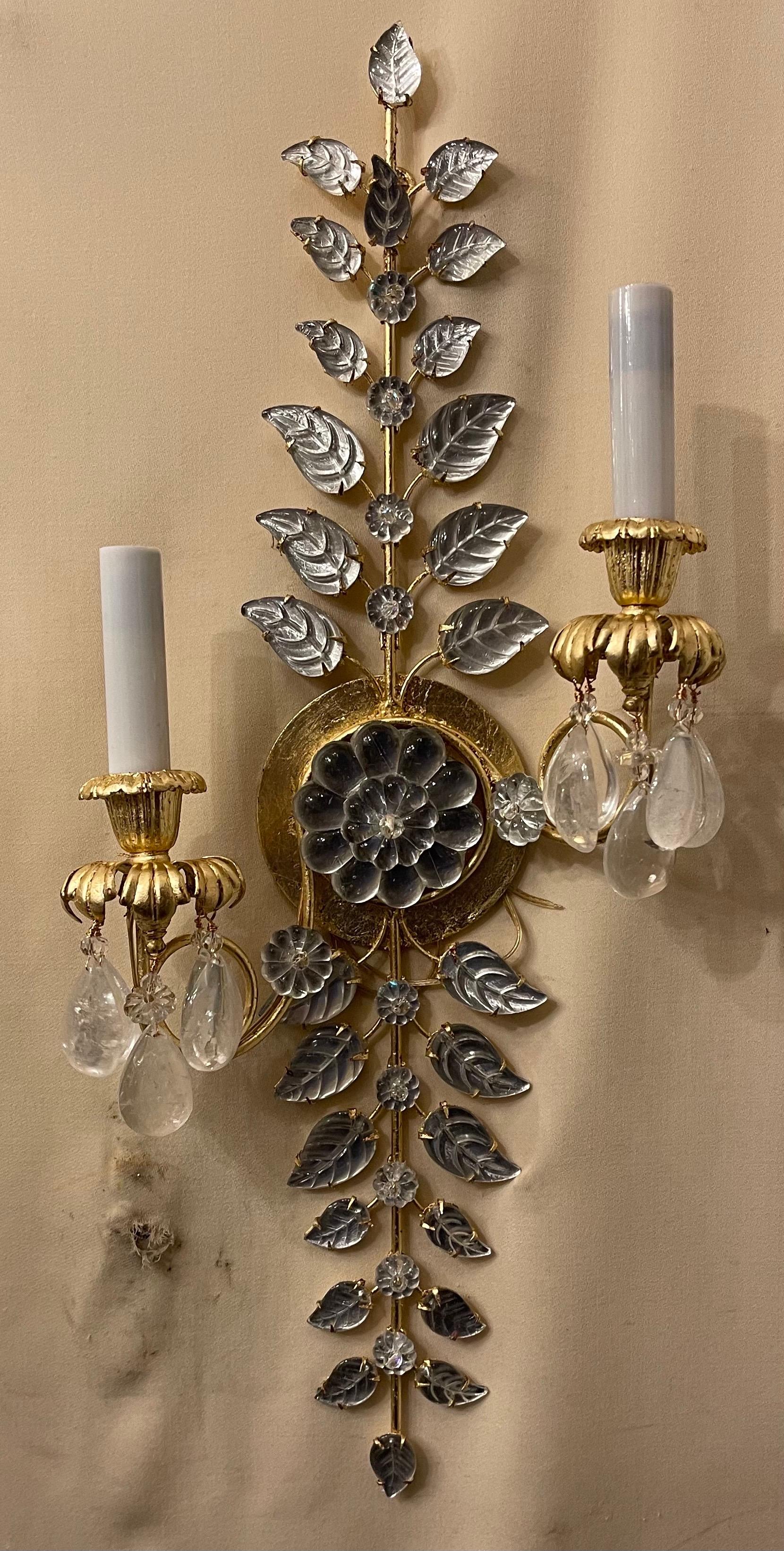 Gilt Fine Pair Baguès Style French Gold Leaf Rock Crystal Flower 2-Tier Light Sconces