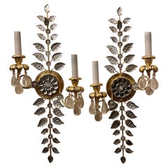 Fine Pair Baguès Style French Gold Leaf Rock Crystal Flower 2-Tier Light Sconces
