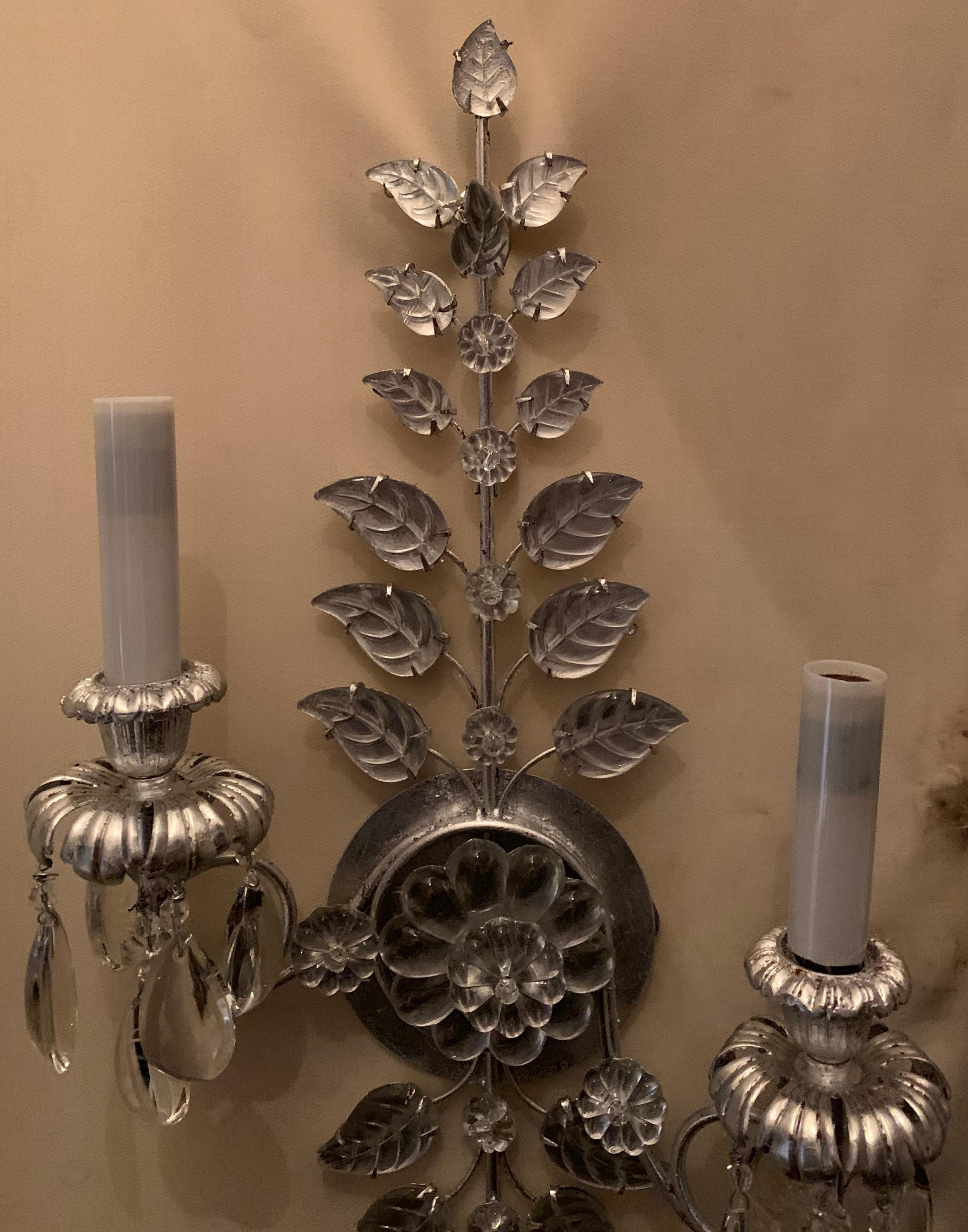 A wonderful pair of Baguès style French silver leaf crystal flower and leaf 2 candelabra Directional 2-tier light wall sconces, wired and ready to install.

Also available in gold gilt.

We have the ability of producing these 
fabulous sconces