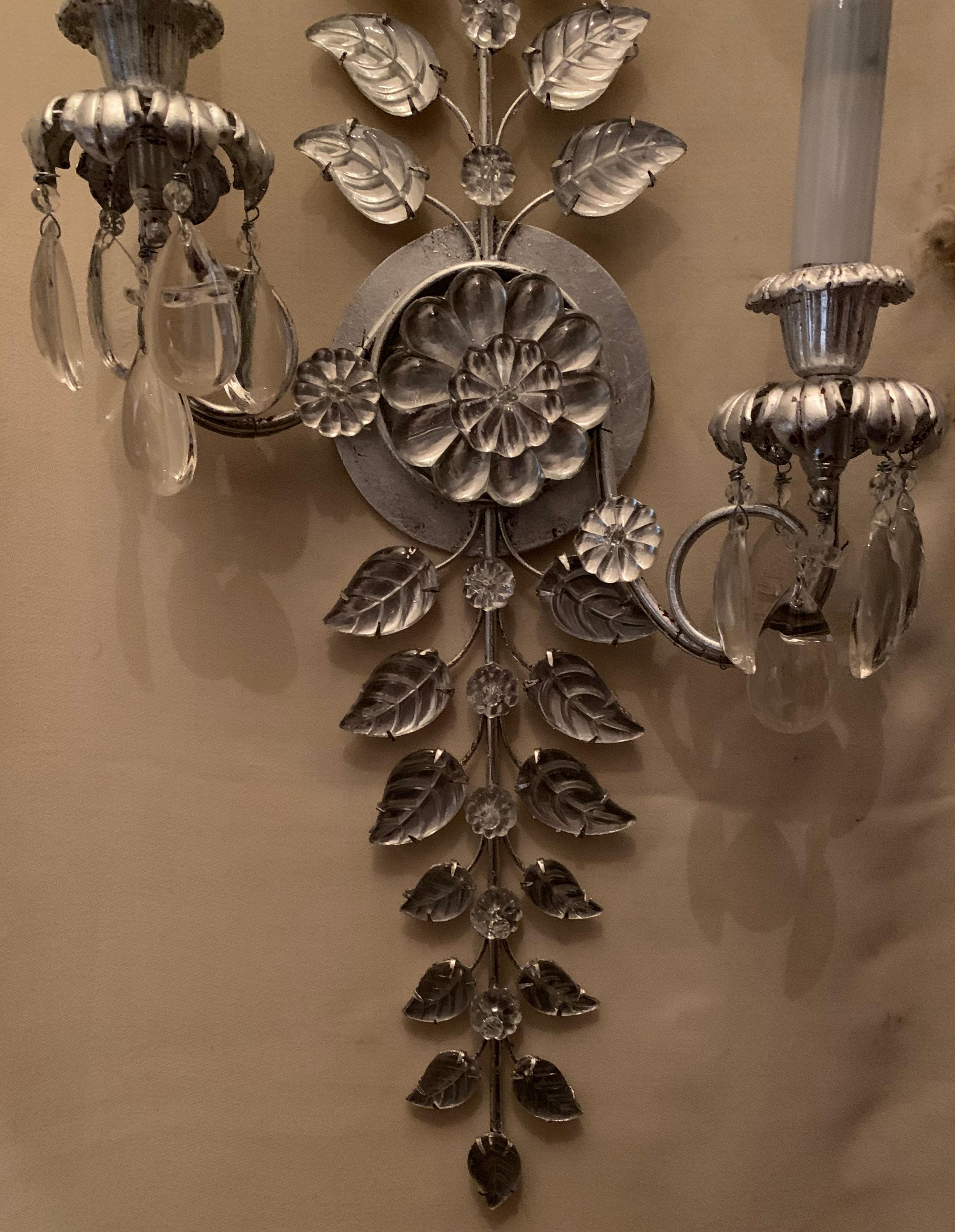 Italian Fine Pair of Baguès Style French Silver Leaf Crystal Flower 2-Tier Light Sconces