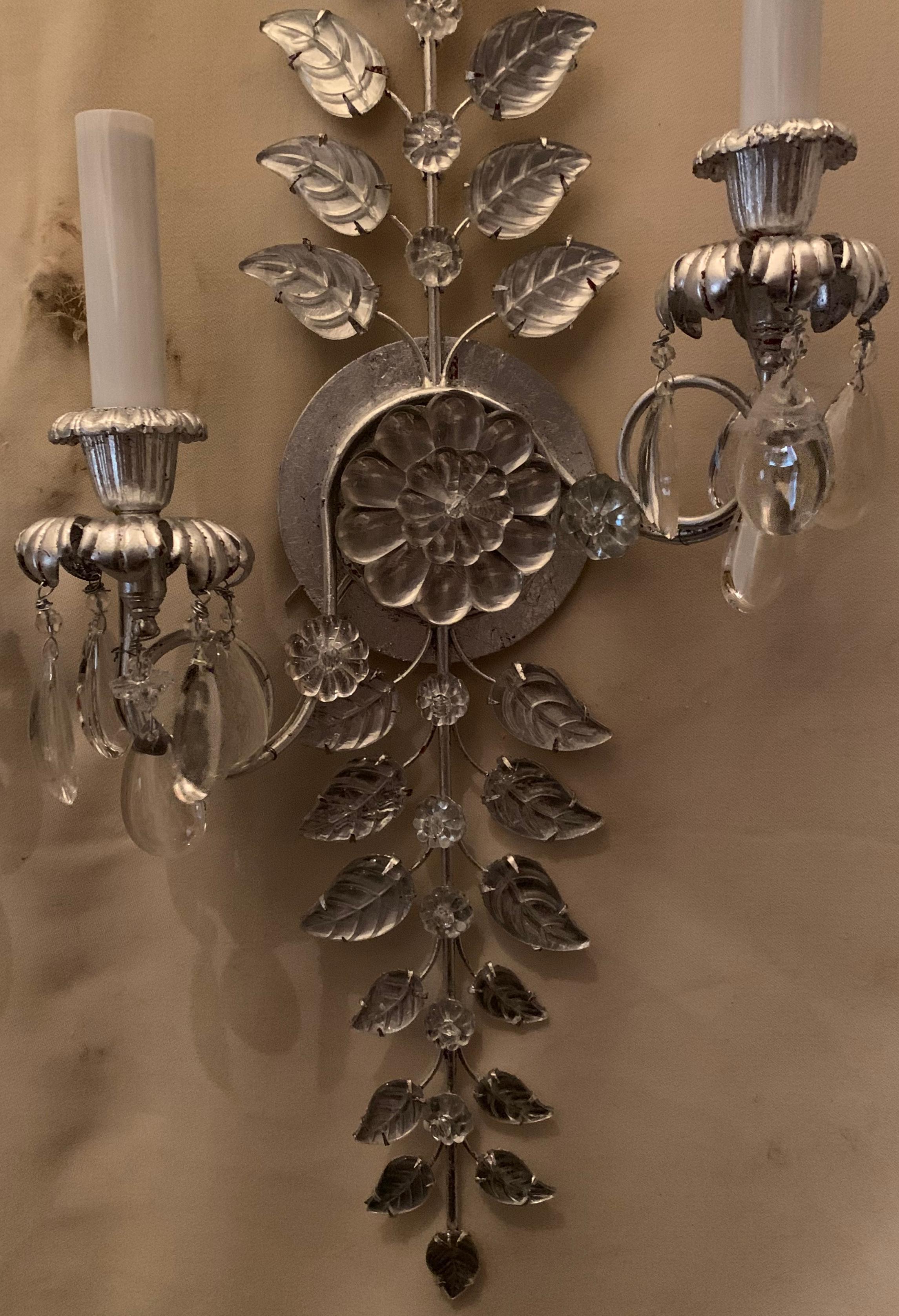 Gilt Fine Pair of Baguès Style French Silver Leaf Crystal Flower 2-Tier Light Sconces