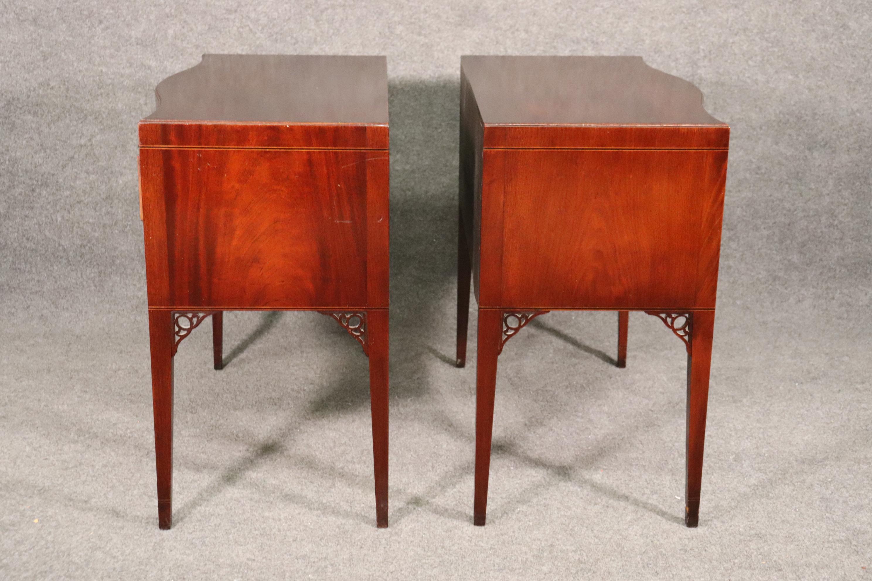 Fine Pair Baker Banded Flame Mahogany Two Drawer Console Tables Buffets C1940 4