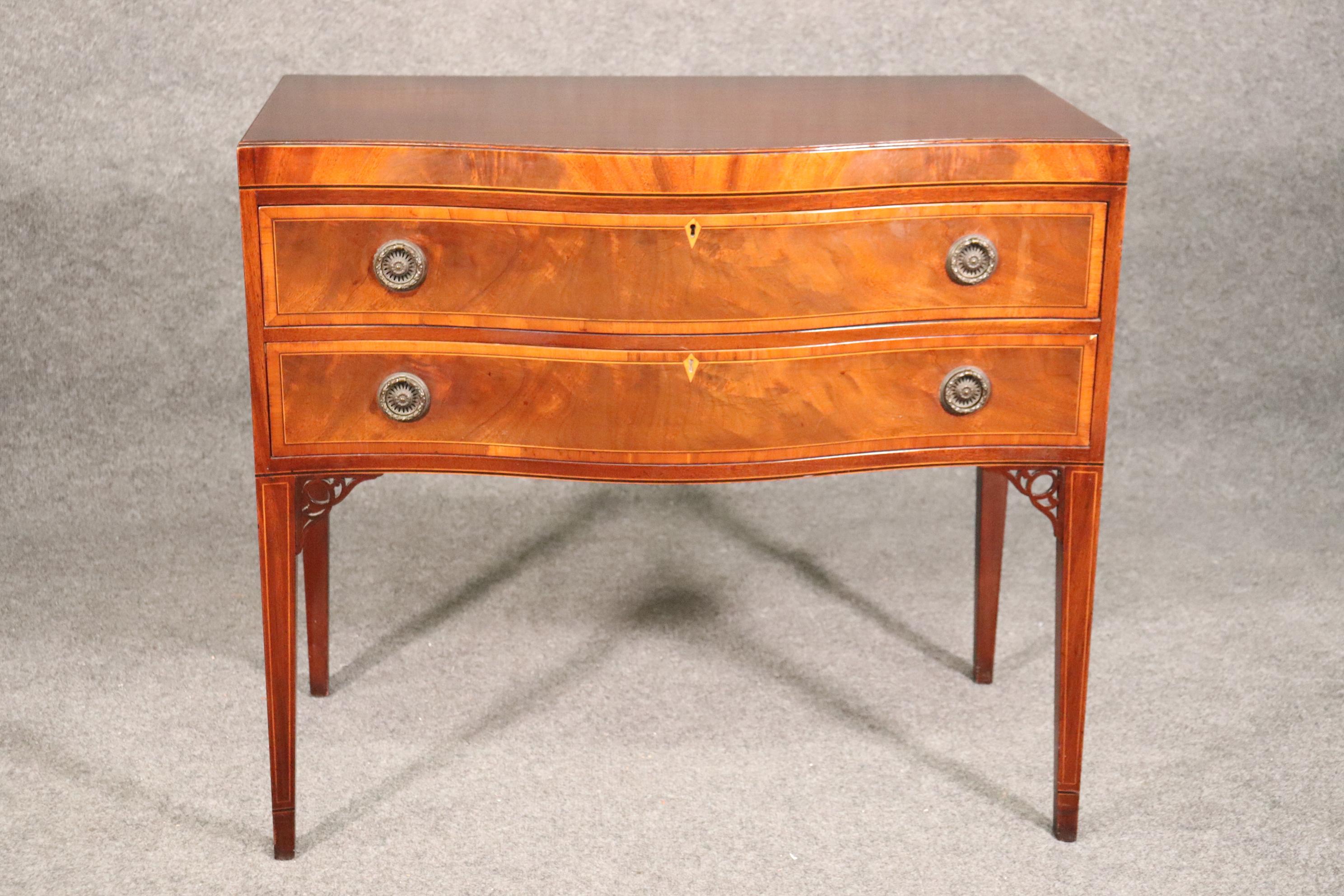 Fine Pair Baker Banded Flame Mahogany Two Drawer Console Tables Buffets C1940 6
