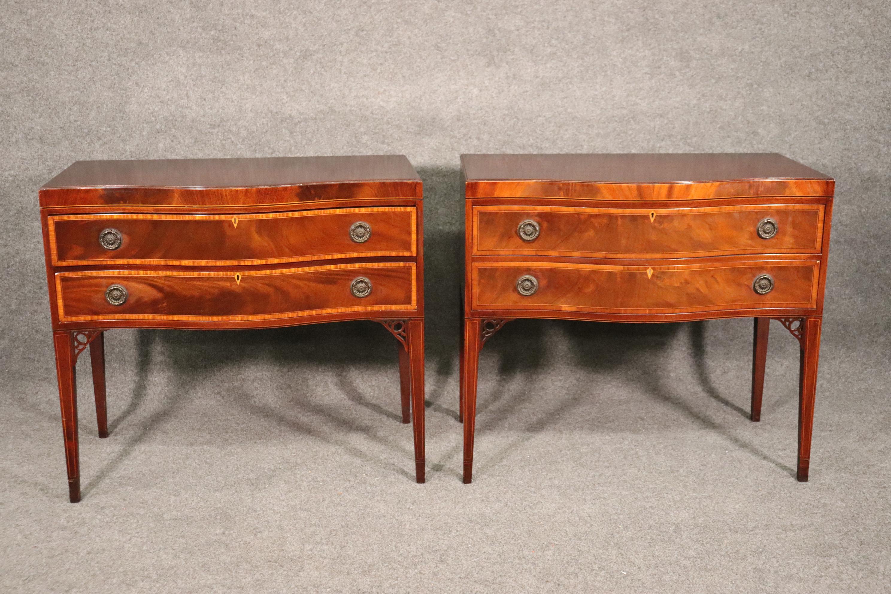 Sheraton Fine Pair Baker Banded Flame Mahogany Two Drawer Console Tables Buffets C1940