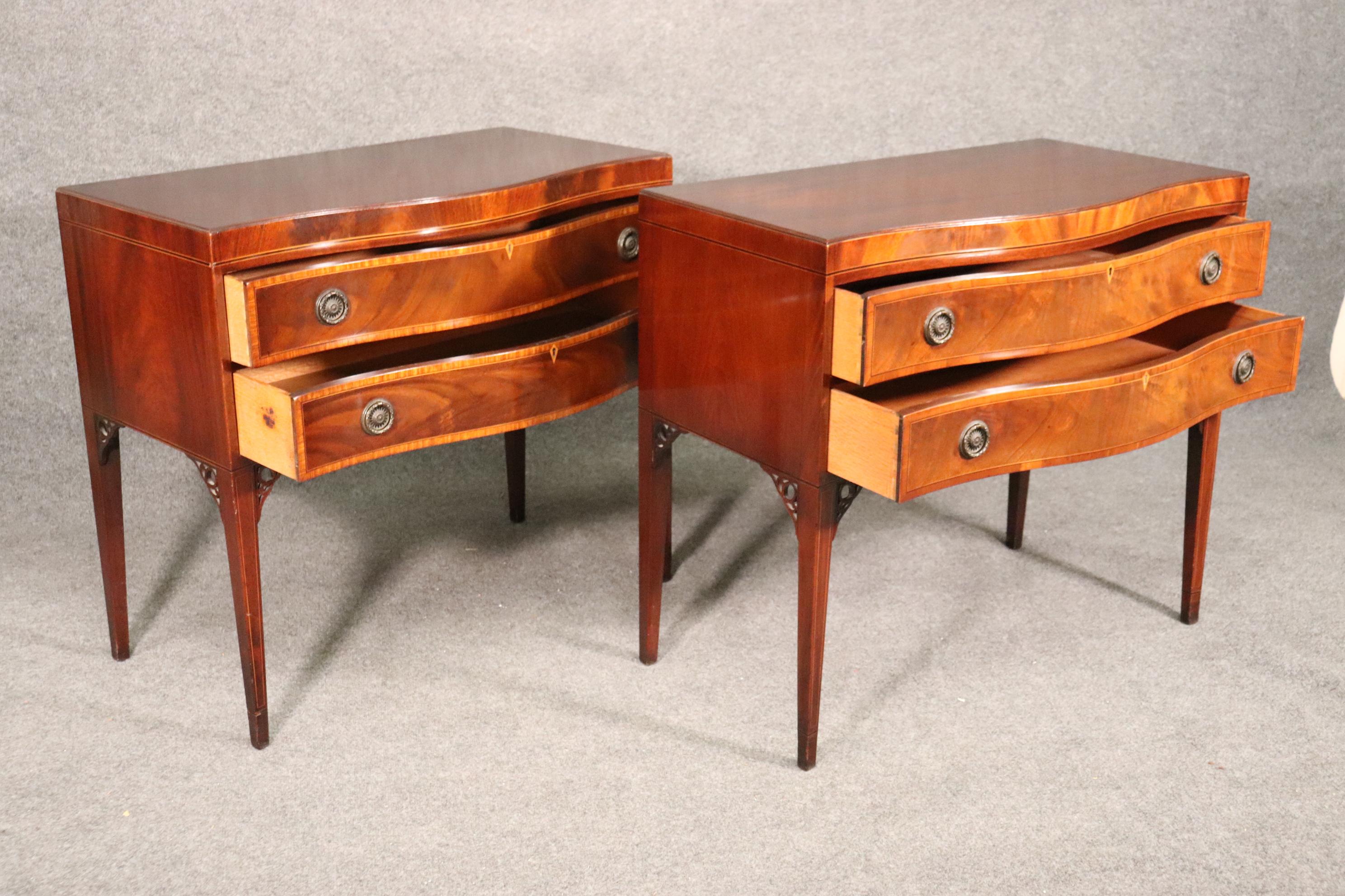 American Fine Pair Baker Banded Flame Mahogany Two Drawer Console Tables Buffets C1940
